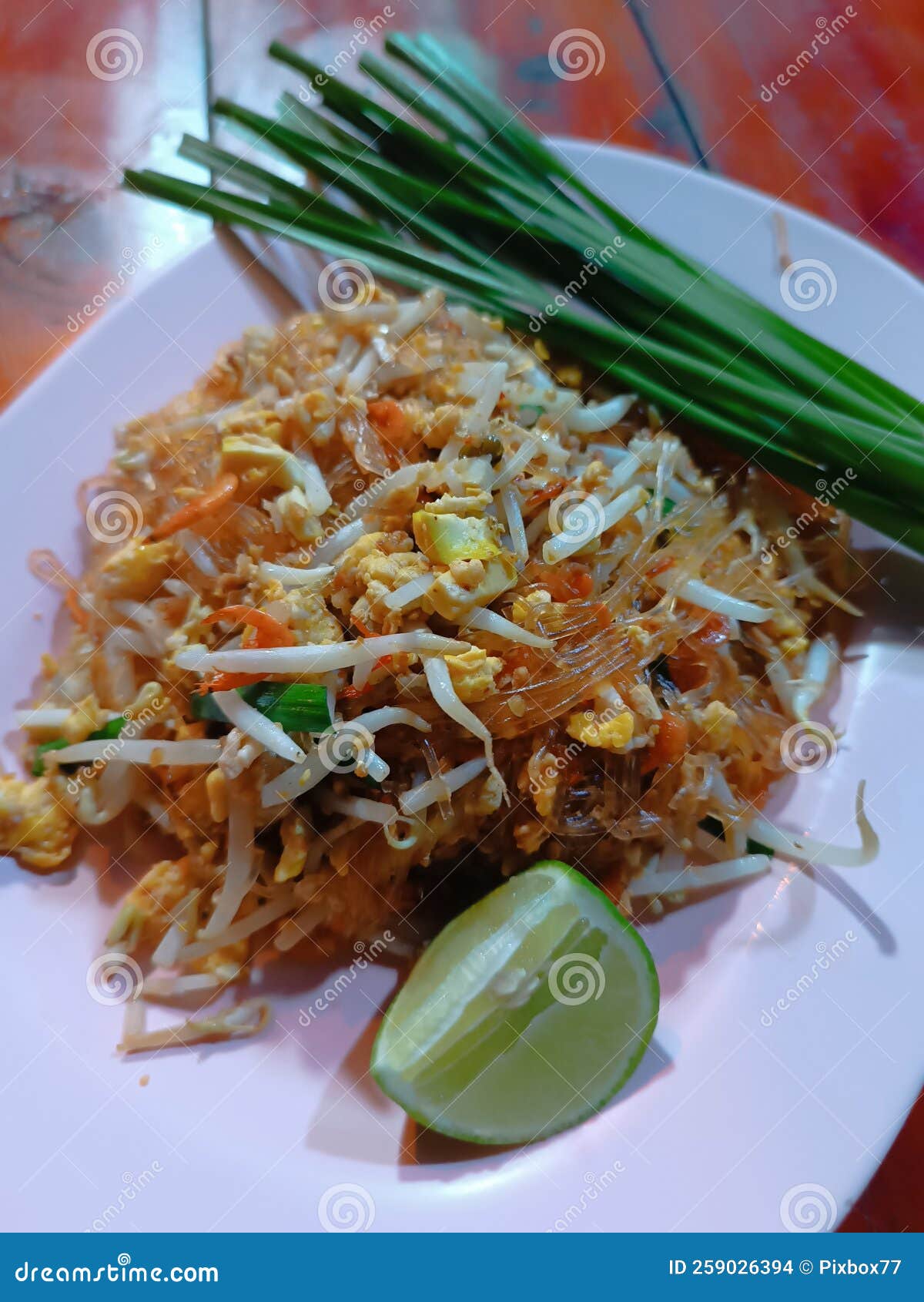 Pad Thai, Noodles Fried with Egg and Bean Sprouts Stock Photo Image