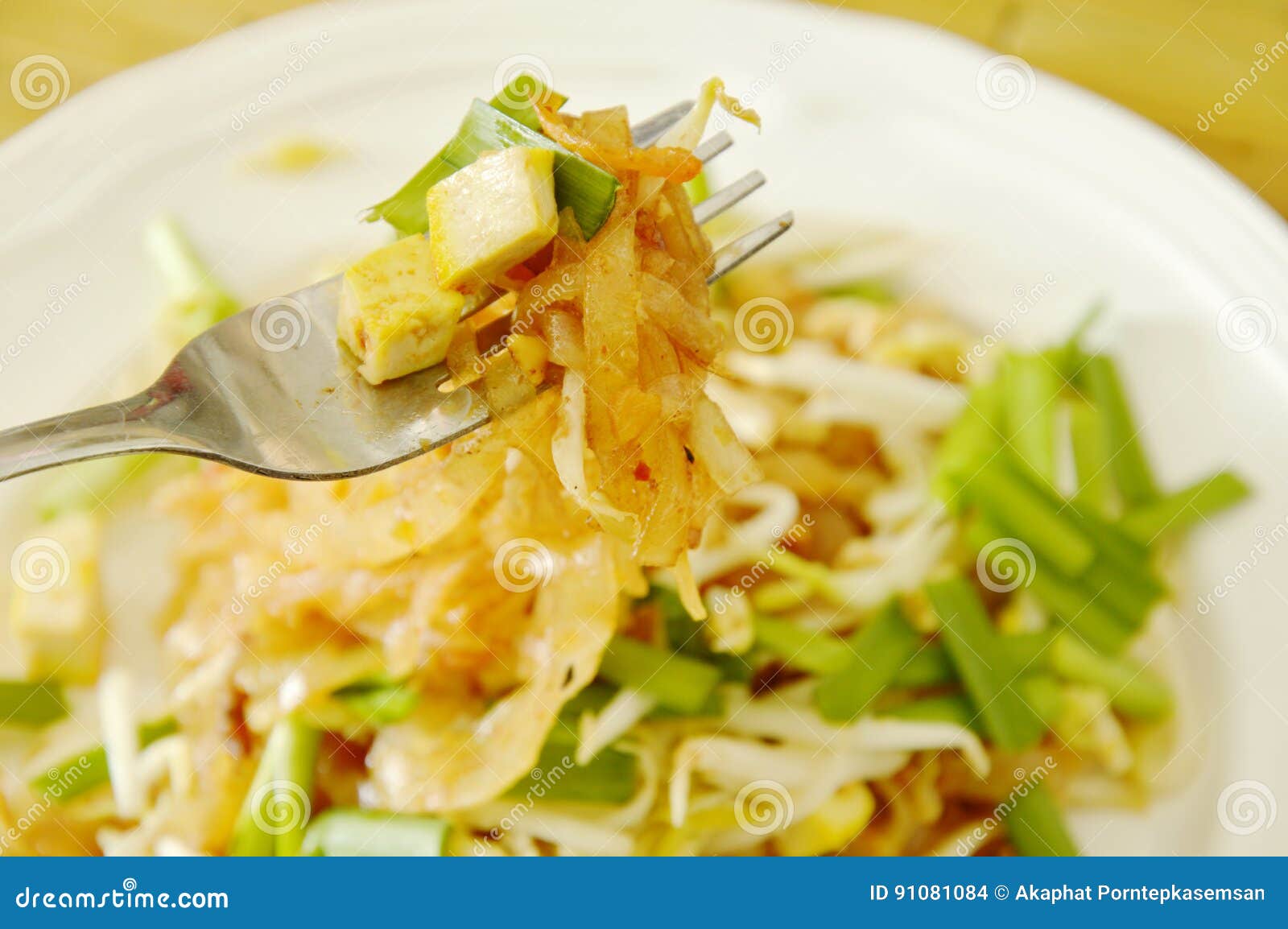 Pad Thai Stir Fried Thin Rice Noodles with Egg and Tofu on Fork Stock Photo Image of bean