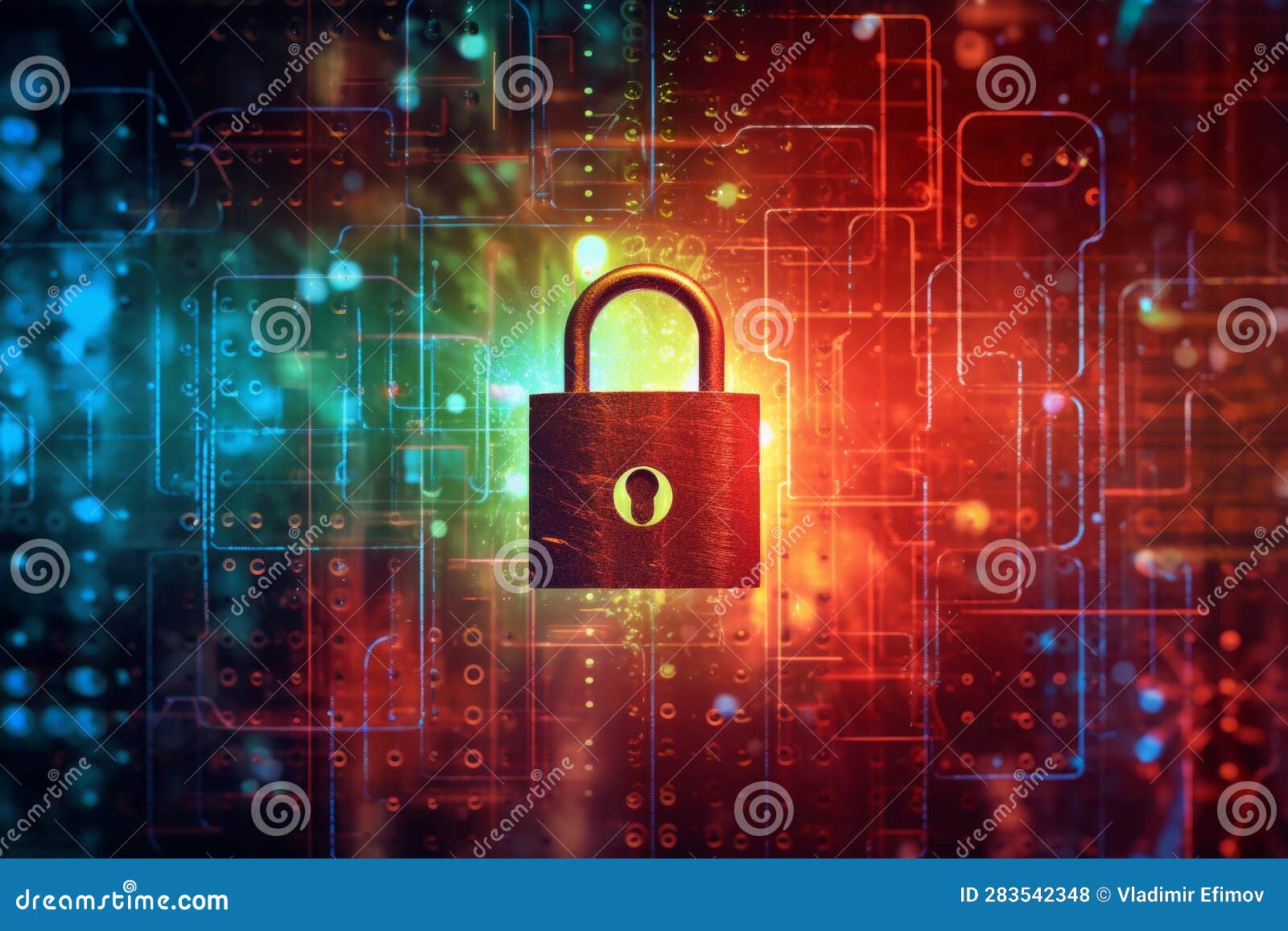 Padlock with Digital Technology Elements Set Against Abstract