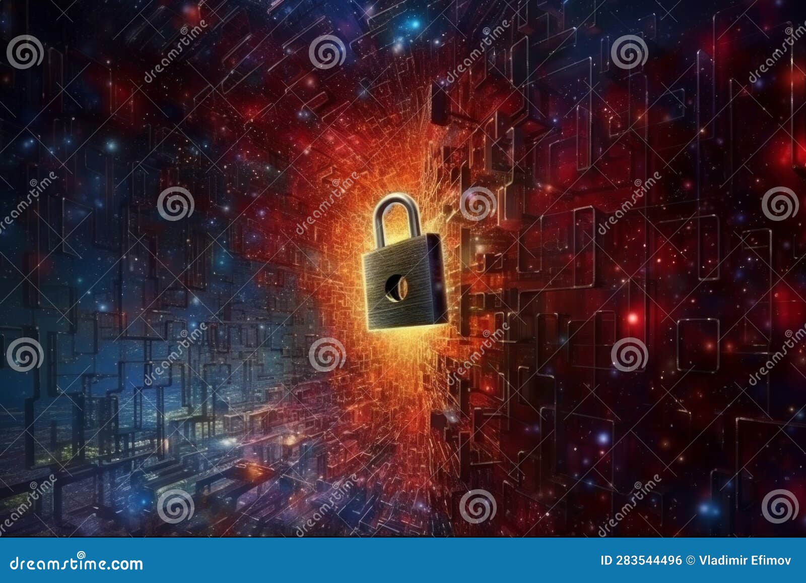 Padlock with Digital Technology Elements Set Against Abstract