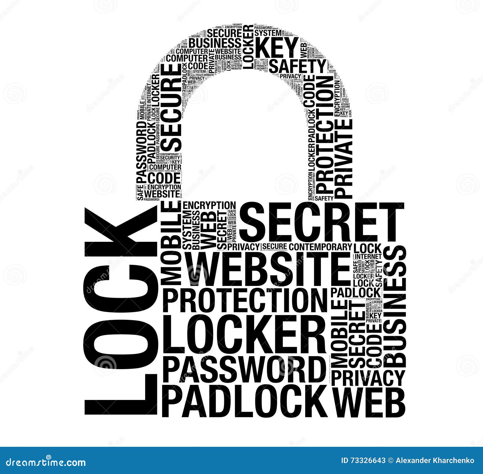 Padlock Icon Sign Shape with Protection Concept Words. 3d Render Stock