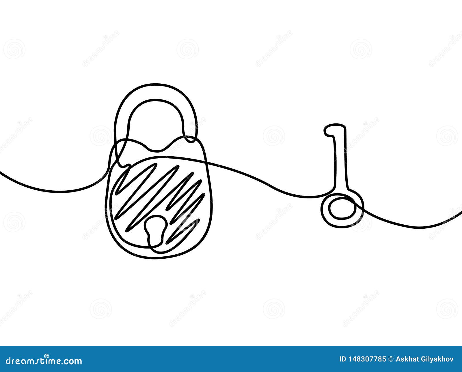 Padlock with Key. Continuous Line Drawing. Vector Illustration. Stock