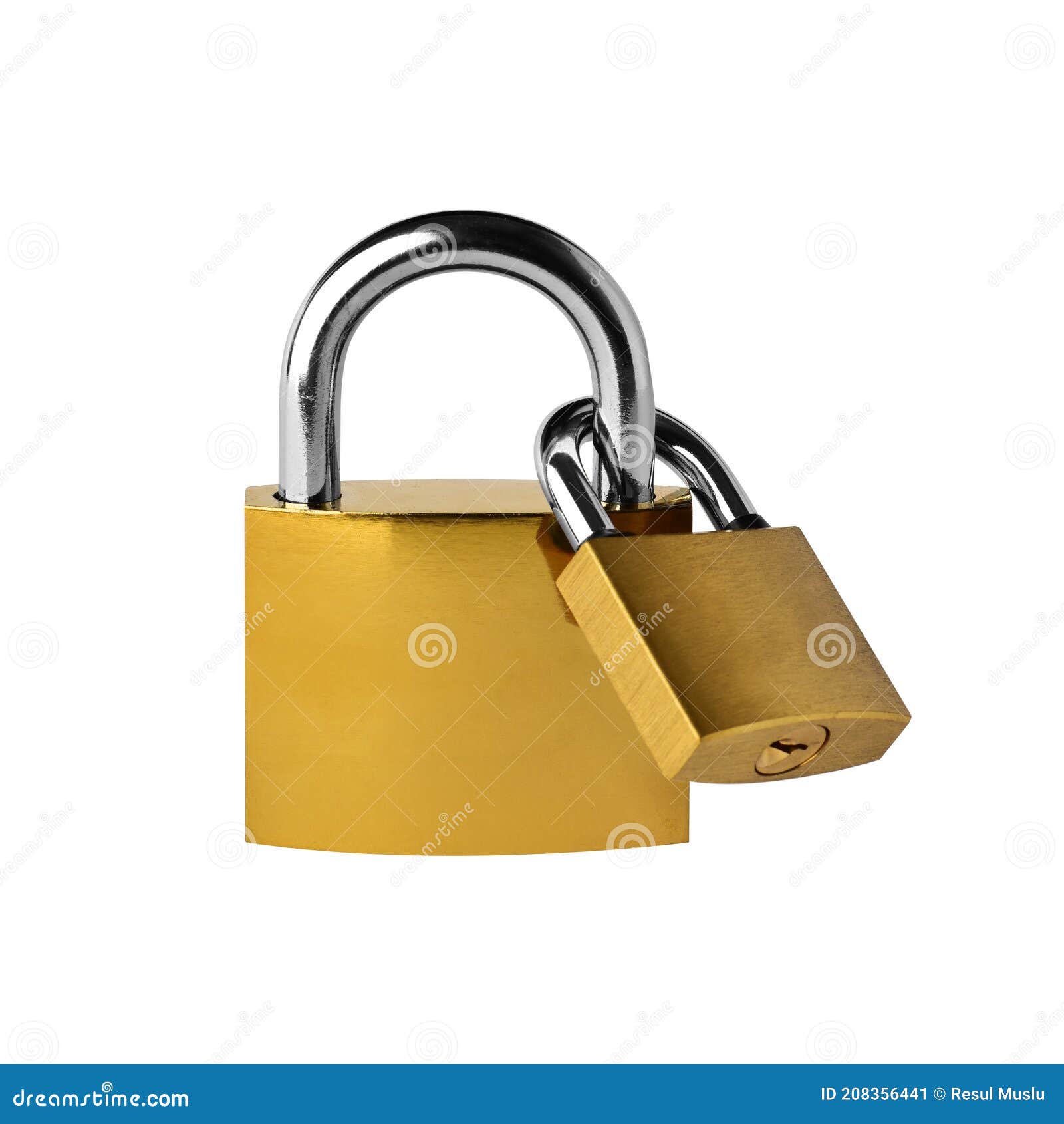 PADLOCK. Two Linked Yellow Metallic Padlocks on White Background Stock