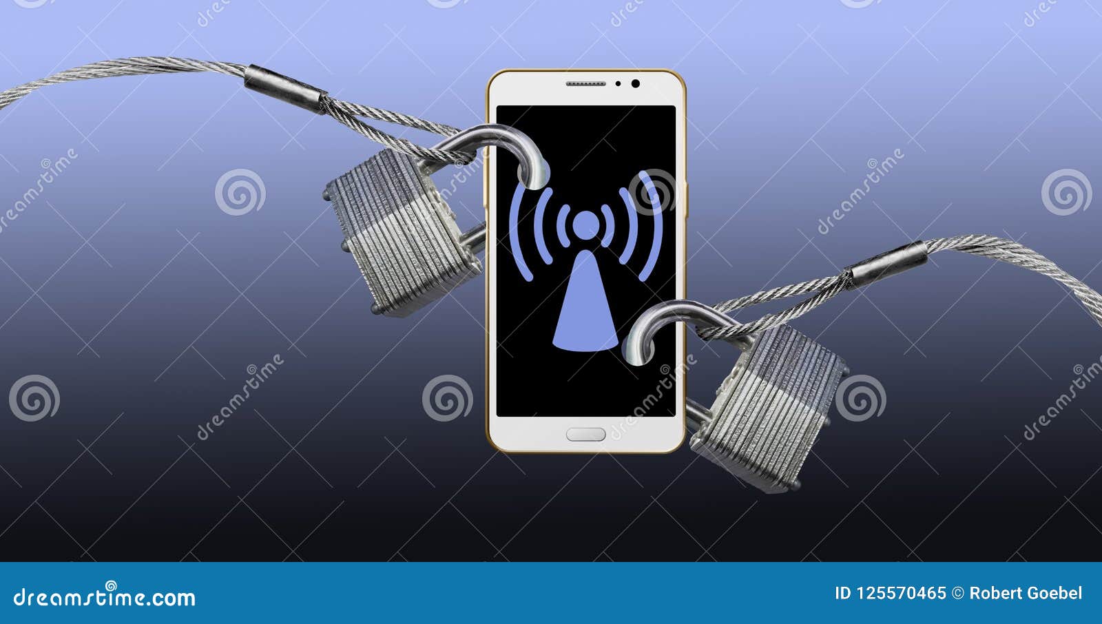 padlocks and steel cables securing a cell phone illustrates protecting your wireless and bluetooth signals.