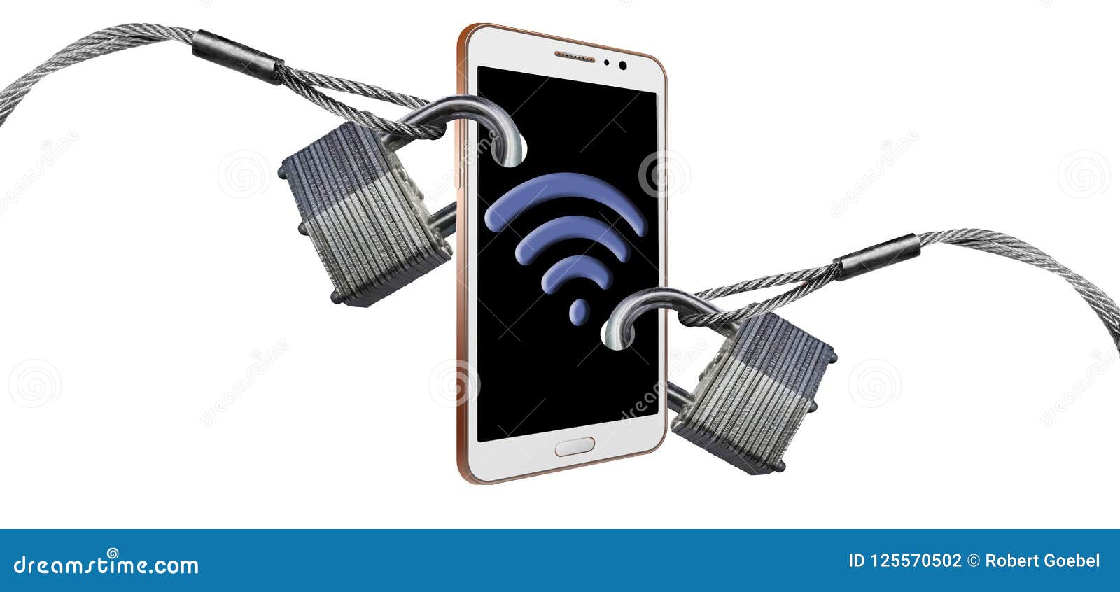 padlocks and steel cables securing a cell phone illustrates protecting your wireless and bluetooth signals.