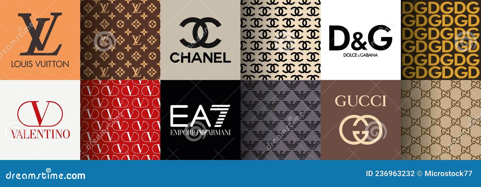 Padrão Oficial Das Marcas De Moda Mais Famosas Louis Vuitton Valentino  Chanel Armani Dolce&gabana Gucci Vetor Fotografia Editorial - Ilustração de  quadrado, moda: 236963232