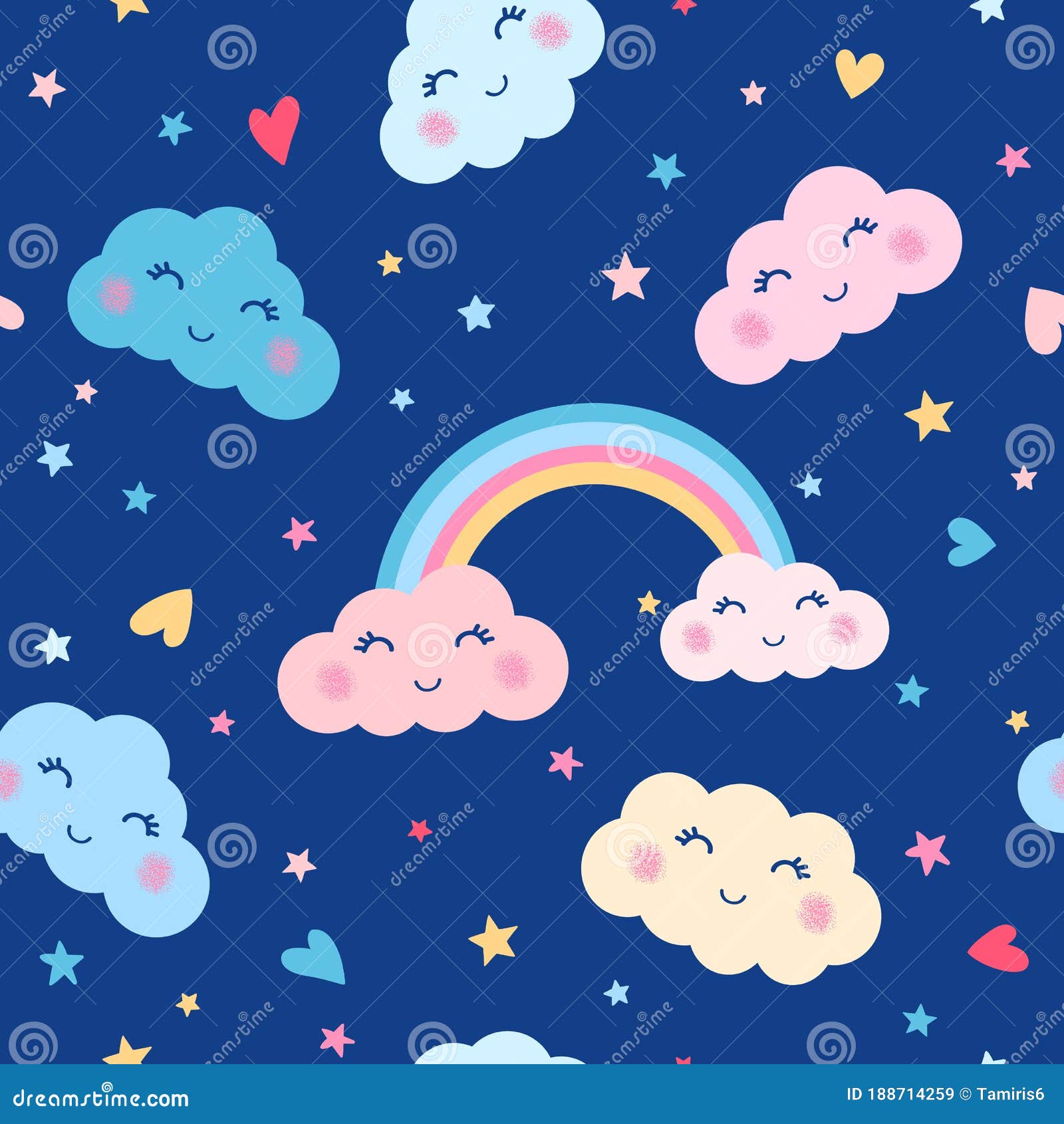 padrão perfeito com sol kawaii, arco-íris e nuvem sobre fundo azul