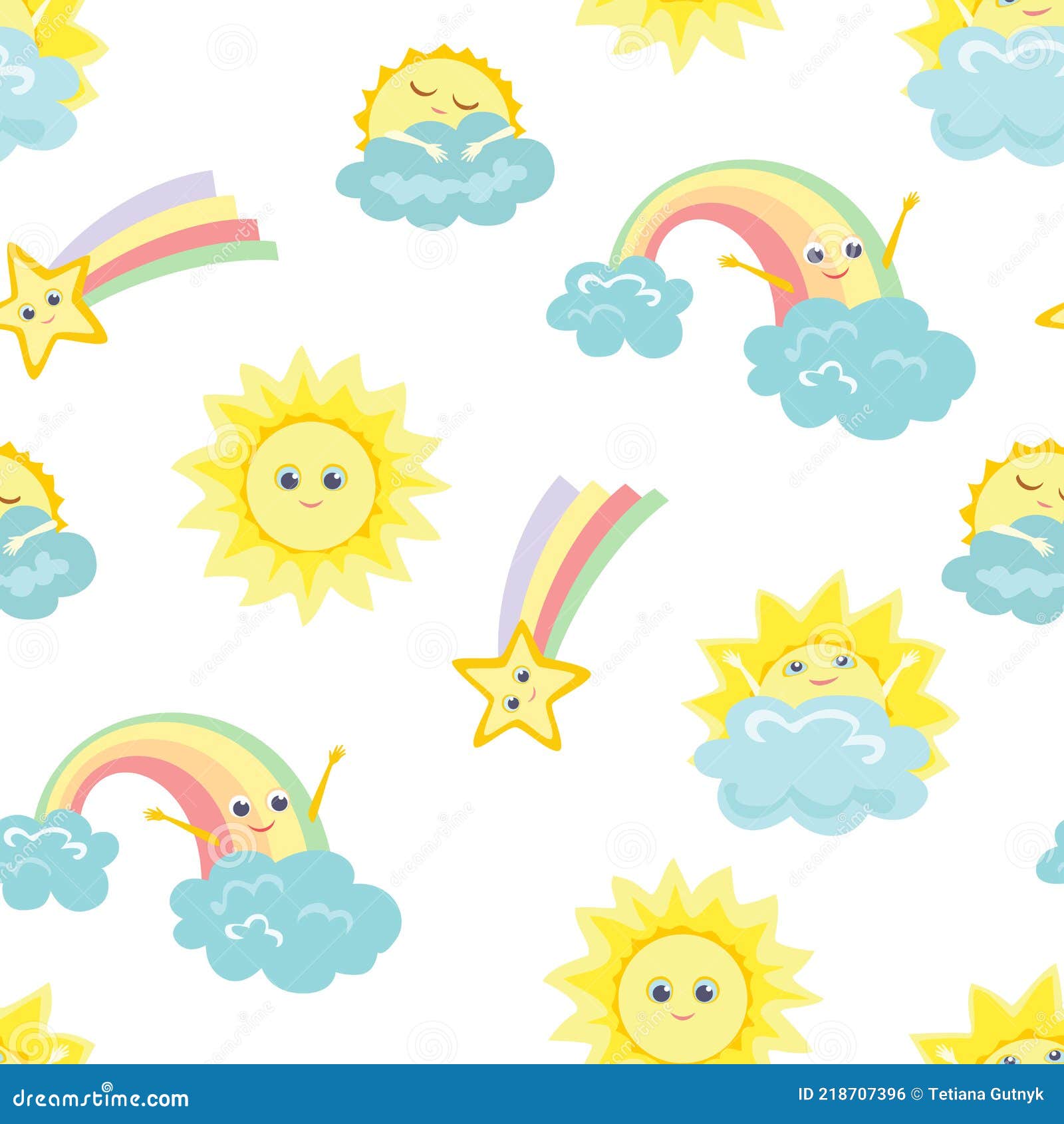 padrão perfeito com sol kawaii, arco-íris e nuvem sobre fundo azul