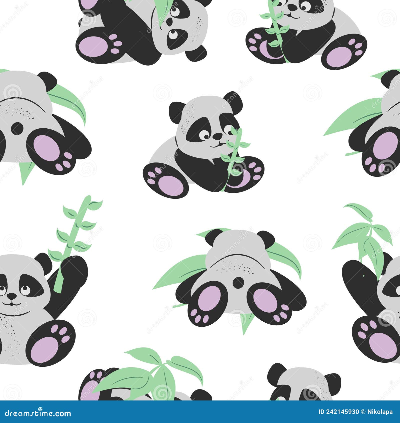 Padrão Sem Emenda Mão Desenho Panda E Planta. Papel De Parede