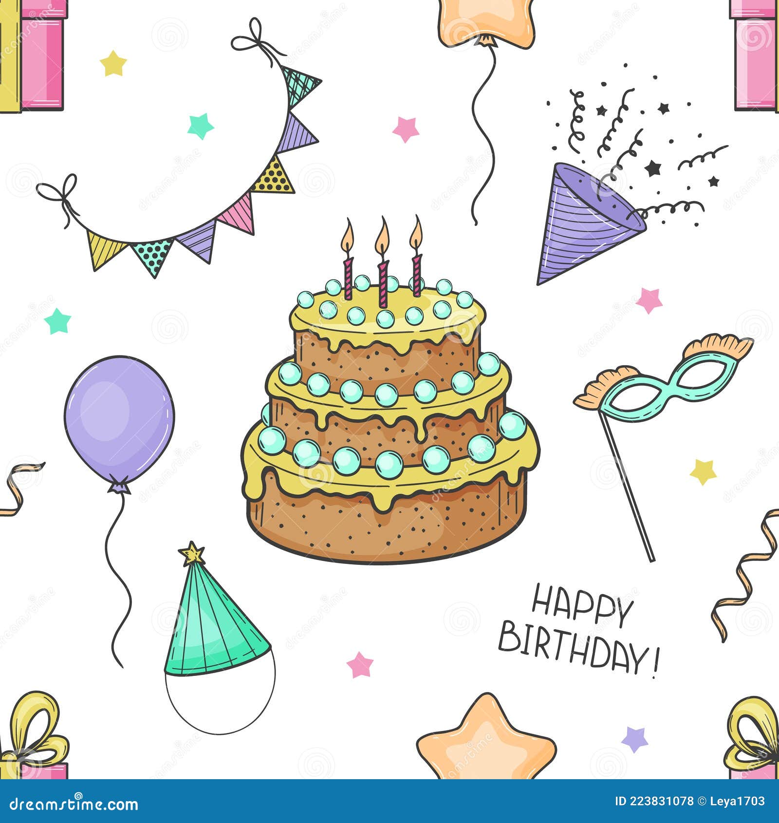 bolo de aniversário e balões sem costura padrão. elementos de