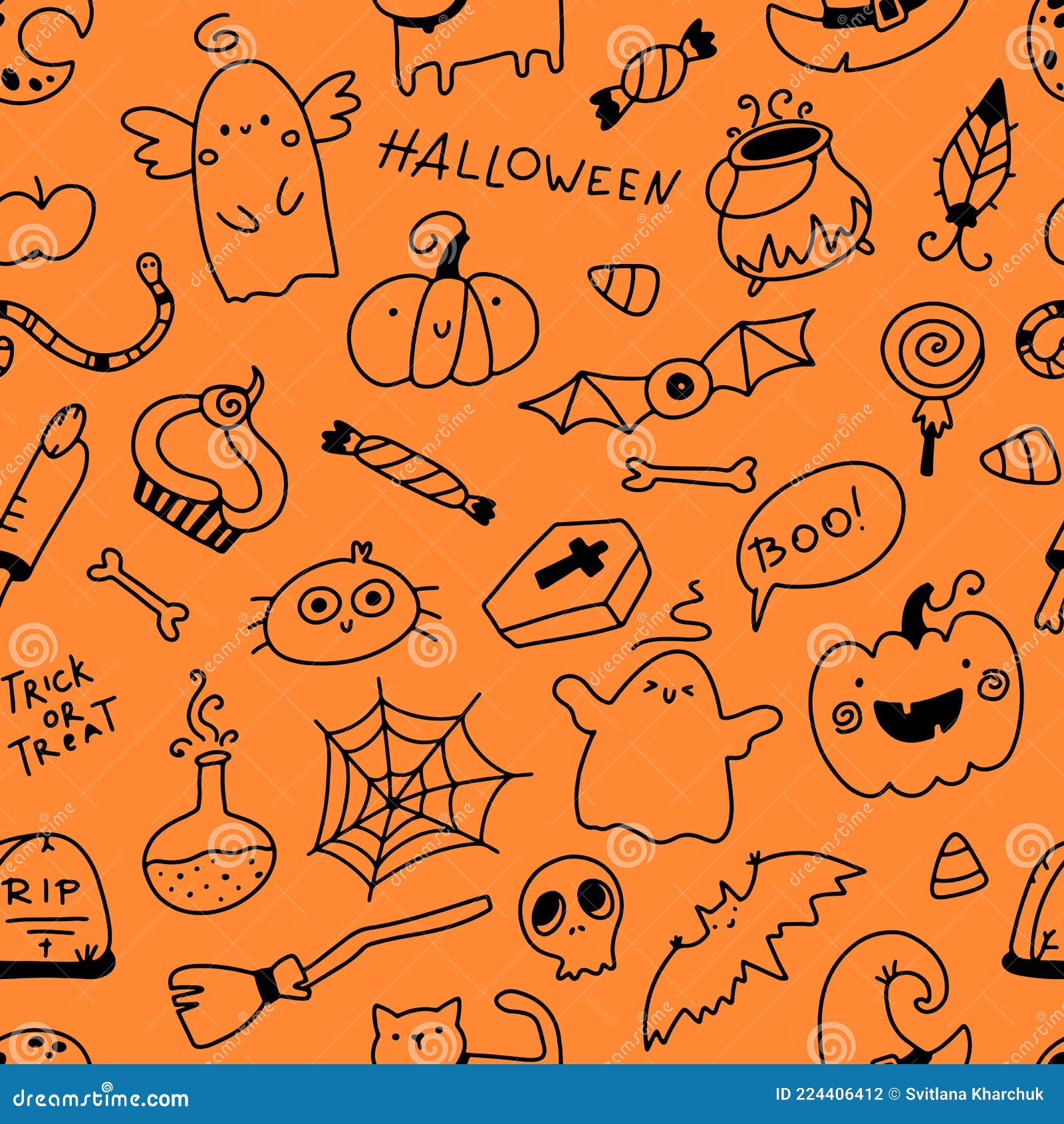 Grande padrão sem emenda de halloween com elementos de estilo doodle  simples de desenho animado