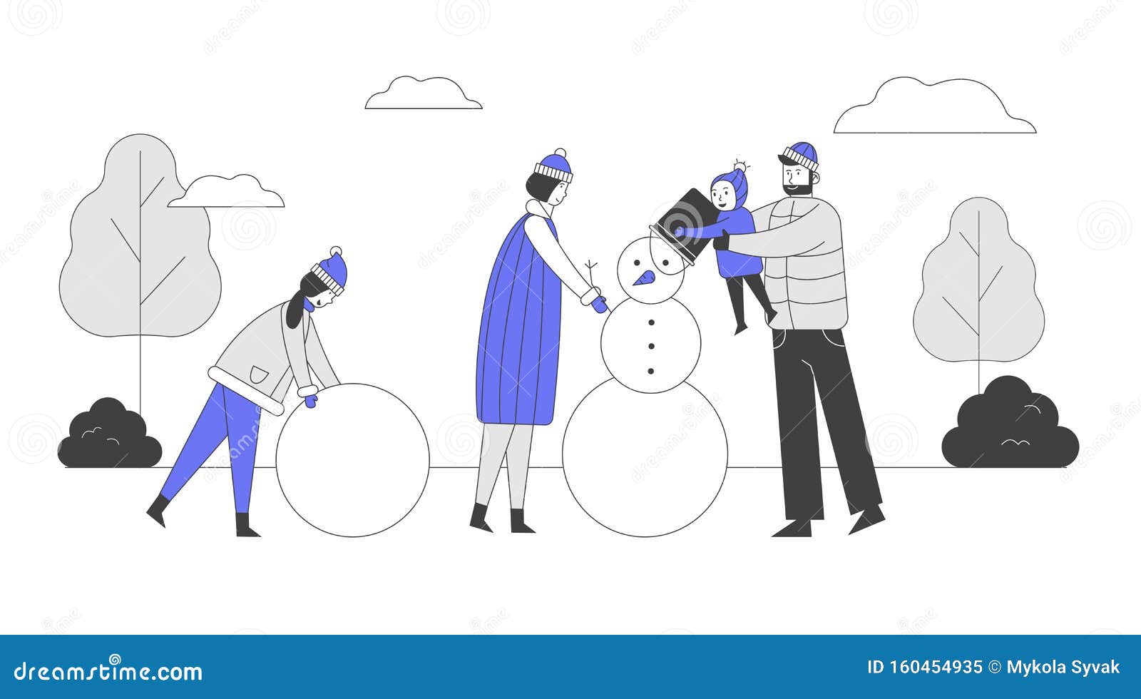 Padres Felices Con Niños Haciendo Muñecos De Nieve En La Naturaleza. Padre Sosteniendo A Su Bebé Con Las Manos, Pone El Balde E Ilustración del Vector - Ilustración de sosteniendo, naturaleza: 160454935