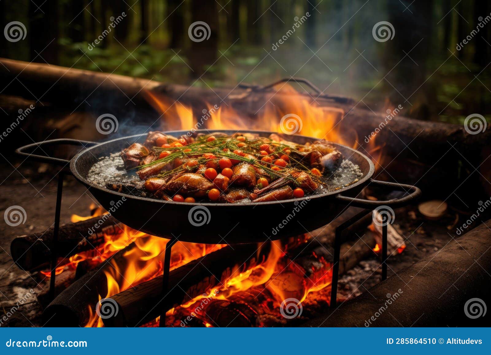 Paella Cooking Outdoors on an Open Fire, Traditional Style Stock Photo