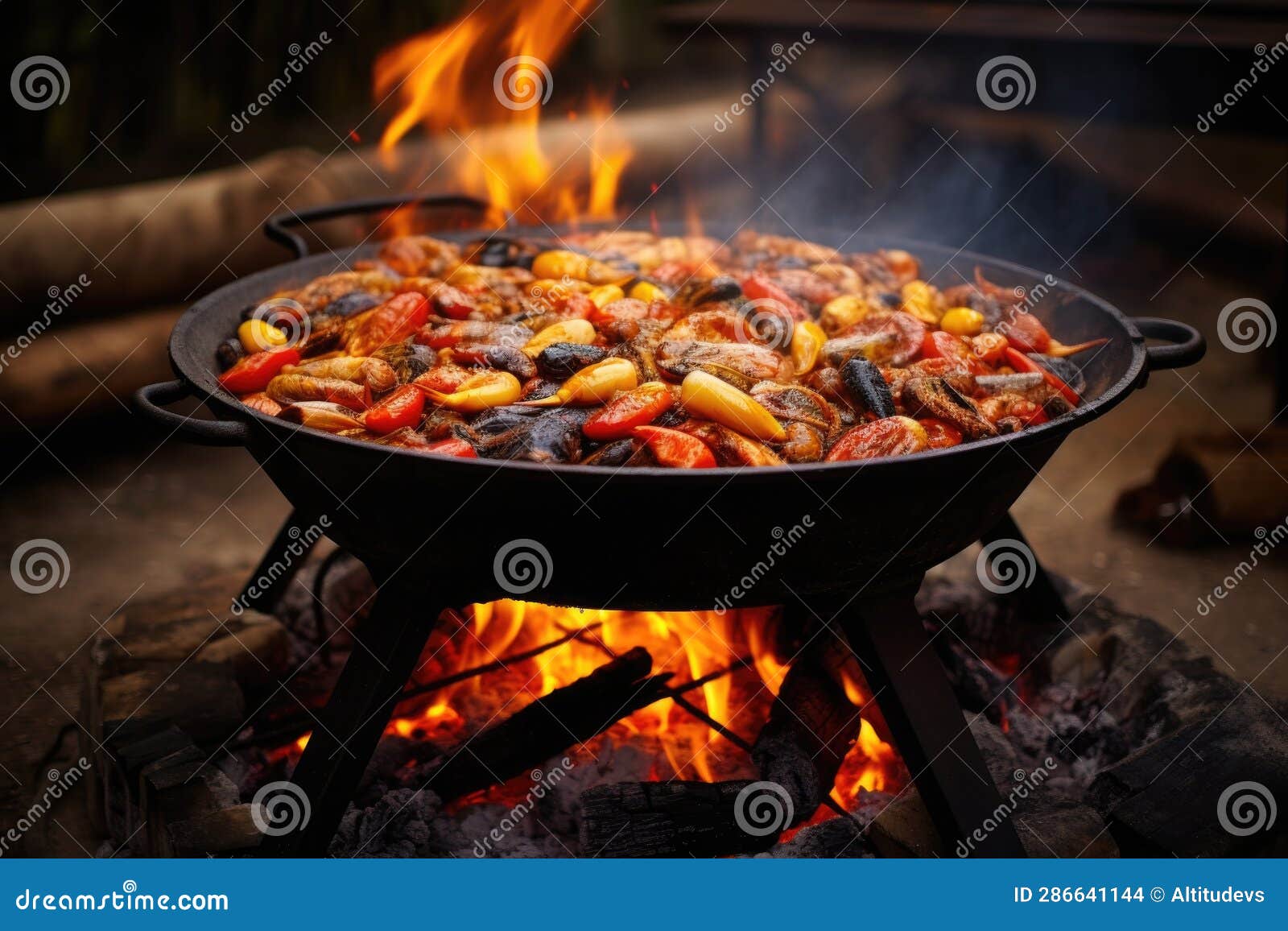 Paella Cooking Outdoors on an Open Fire, Traditional Style Stock Photo