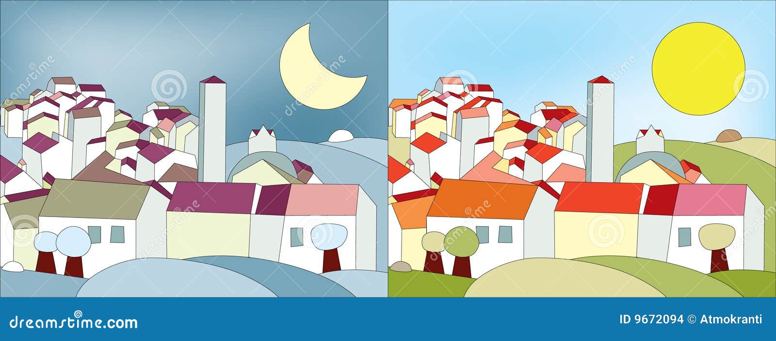 Paesaggi Di Notte E Di Giorno Illustrazione Vettoriale Illustrazione Di Giorno Tetti