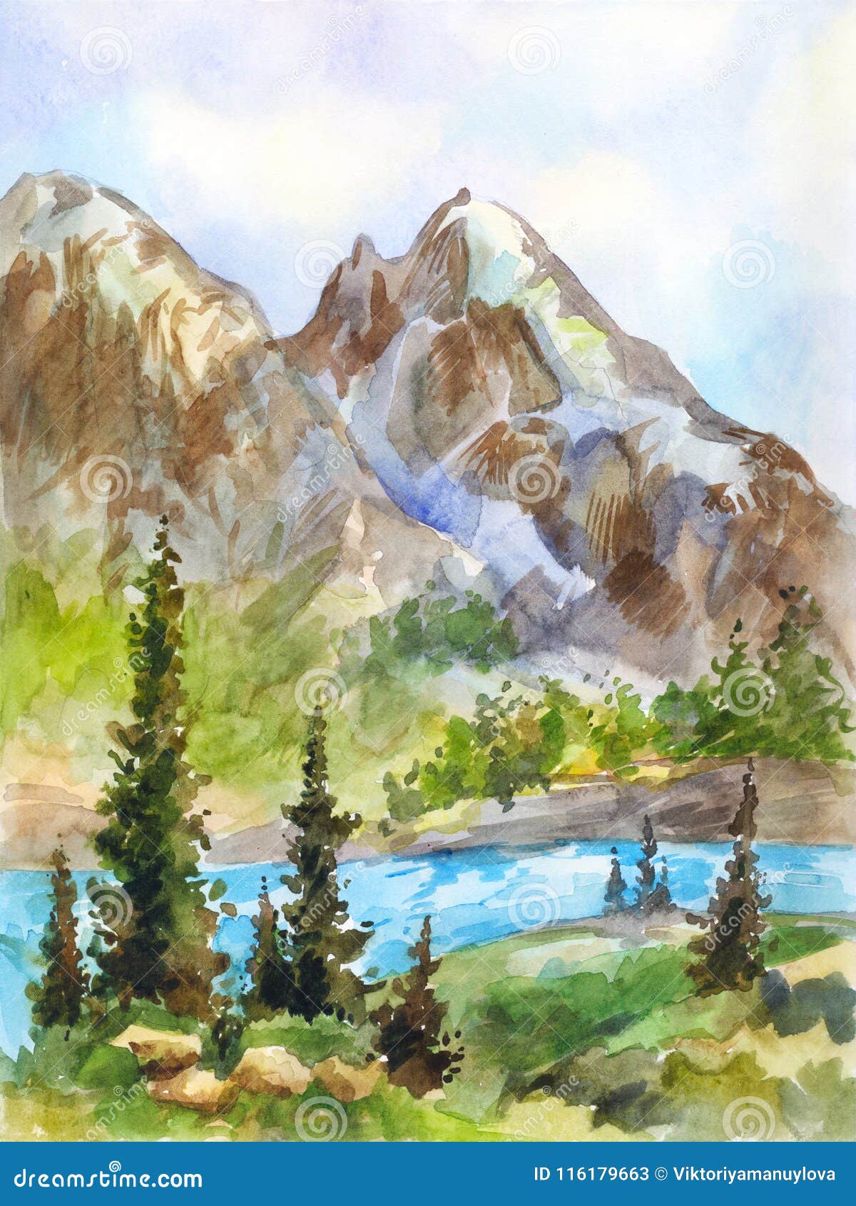 Paesaggio Dell Acquerello Delle Montagne E Del Fiume Disegno D Annata Illustrazione Di Stock Illustrazione Di Montagne Fiume