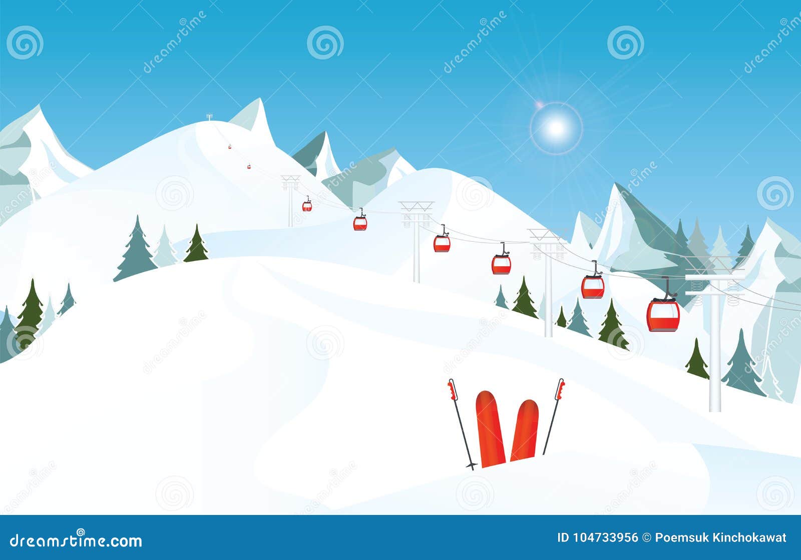 Paesaggio Della Montagna Di Inverno Con Le Paia Degli Sci In Ascensore Di Sci E Della Neve Illustrazione Vettoriale Illustrazione Di Alto Disegno