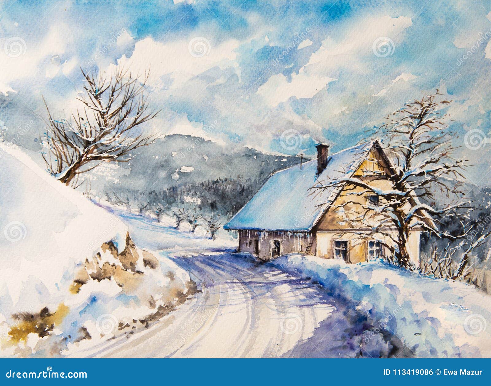 Paesaggio Di Inverno Con Gli Acquerelli Della Casa Dipinti Illustrazione Di Stock Illustrazione Di Illustrazione Pittura