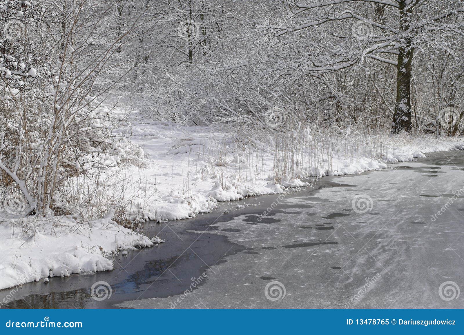 Paesaggio ghiacciato del fiume di inverno dopo le precipitazioni nevose fresche