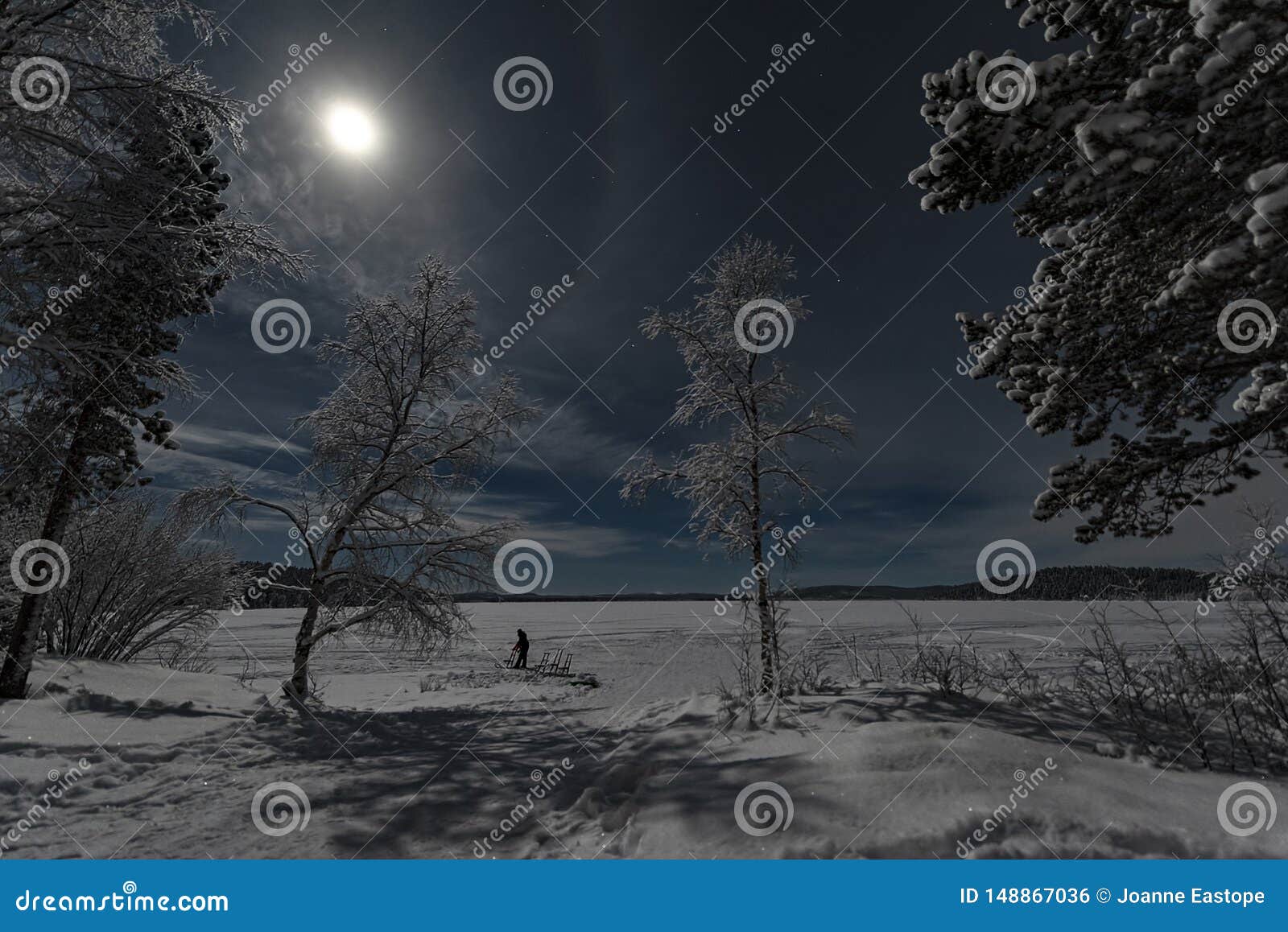 Paesaggio Illuminato Dalla Luna Di Inverno Con La Foresta E Persona Che  Attraversa Il Lago Sotto Un Cielo Blu Con La Luna Coperta Fotografia Stock  - Immagine di stagione, pieno: 148867036