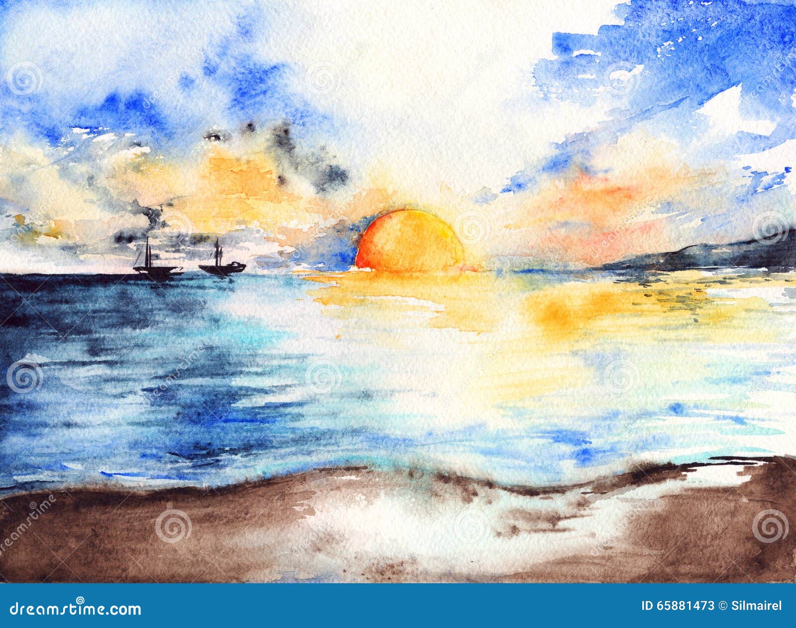 Paesaggio luminoso delle navi di tramonto dell oceano del mare dell acquerello Fotografie Stock