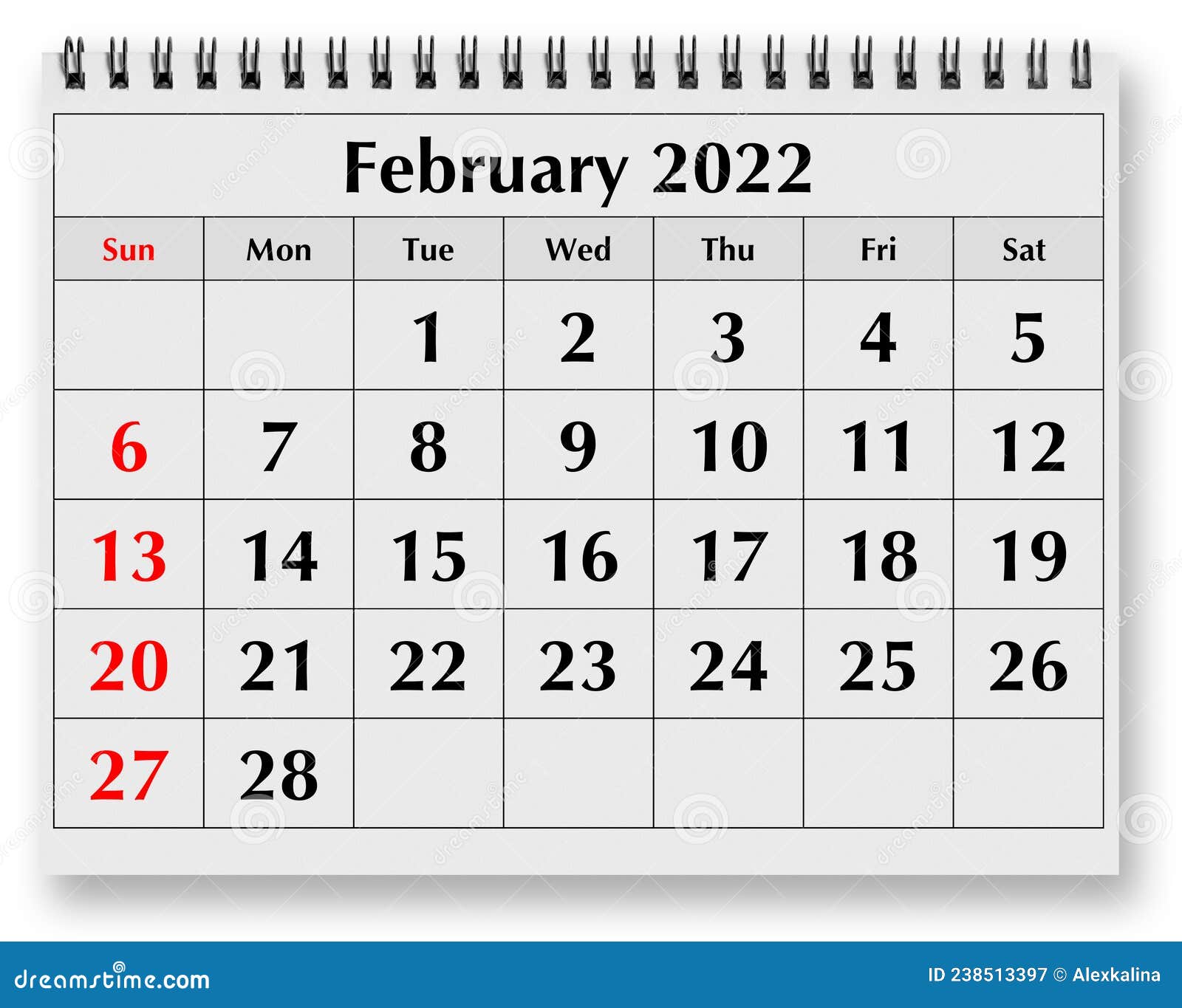 page of the annual monthly calendar - february 2022