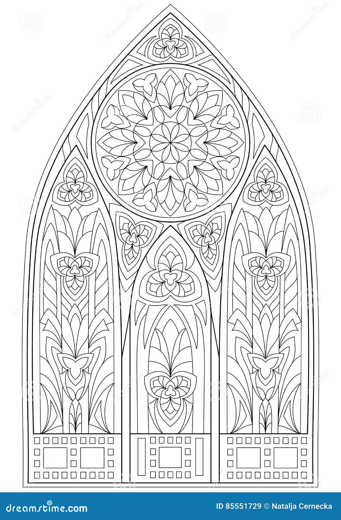 page with black and white drawing of beautiful medieval gothic window