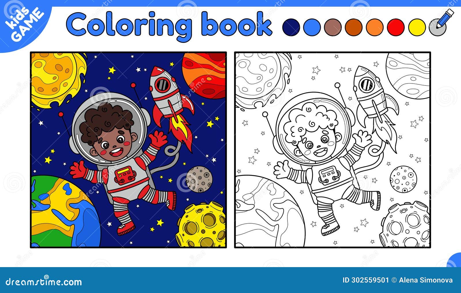 Page of Coloring Book with Astronaut African Boy Stock Vector ...