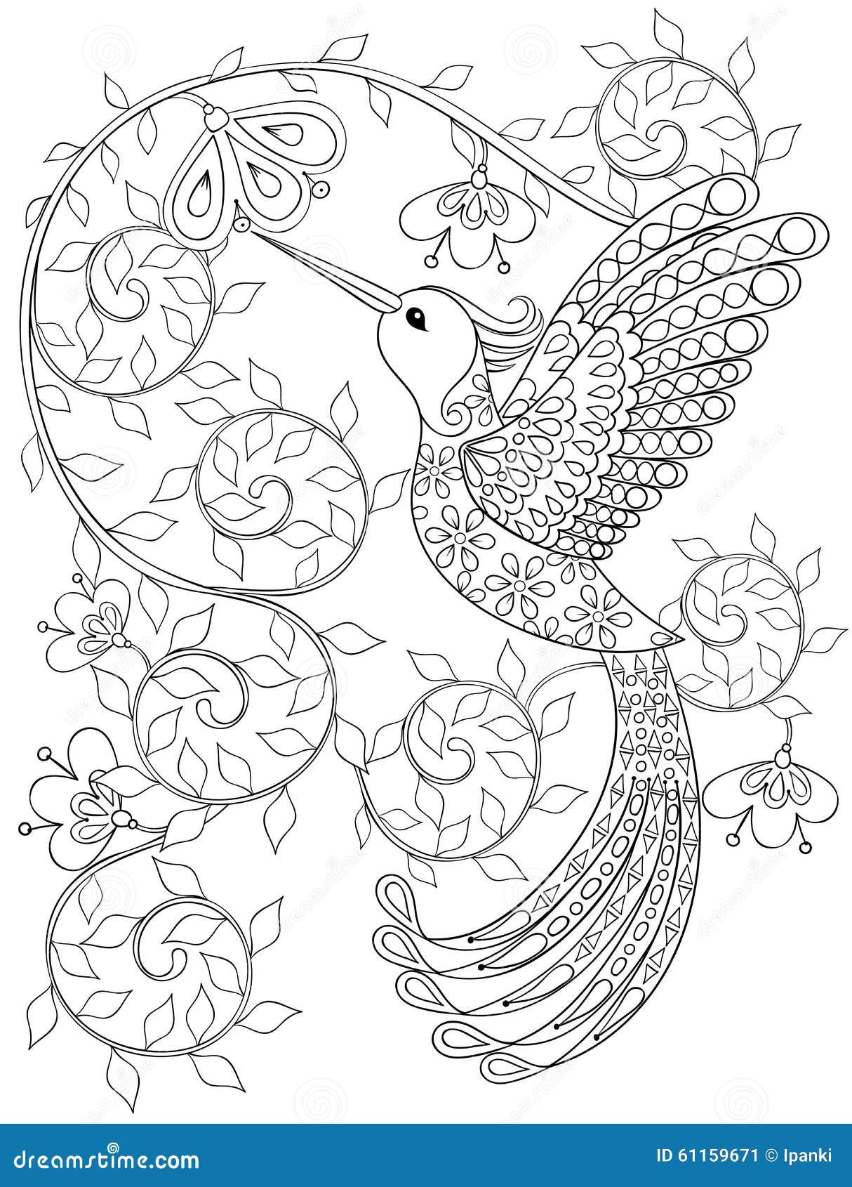 Page De Coloration Avec Le Colibri Oiseau De Vol De Zentangle adulte blanc colibri