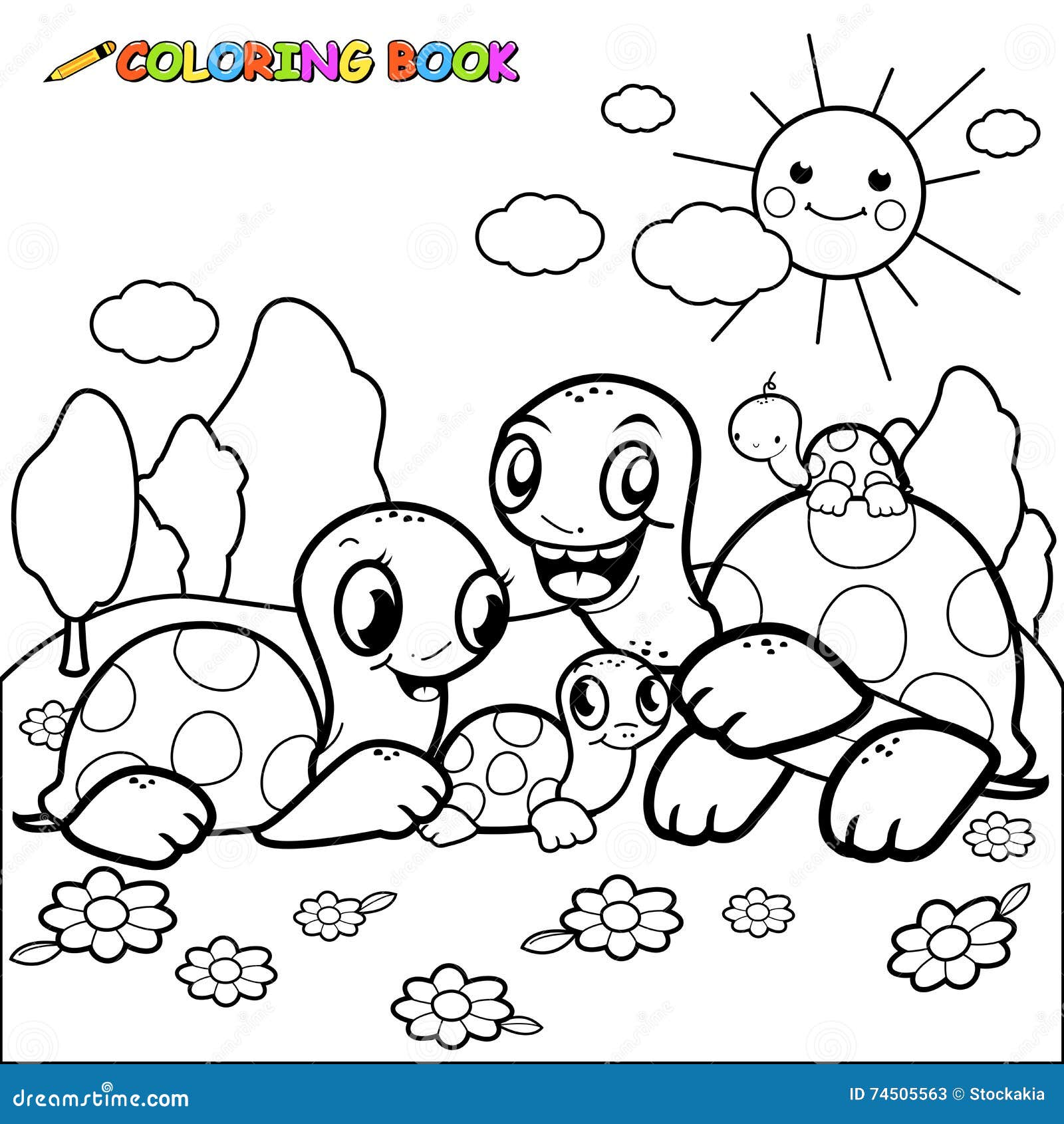 Page Mignonne De Livre De Coloriage De Famille De Tortue et famille livre