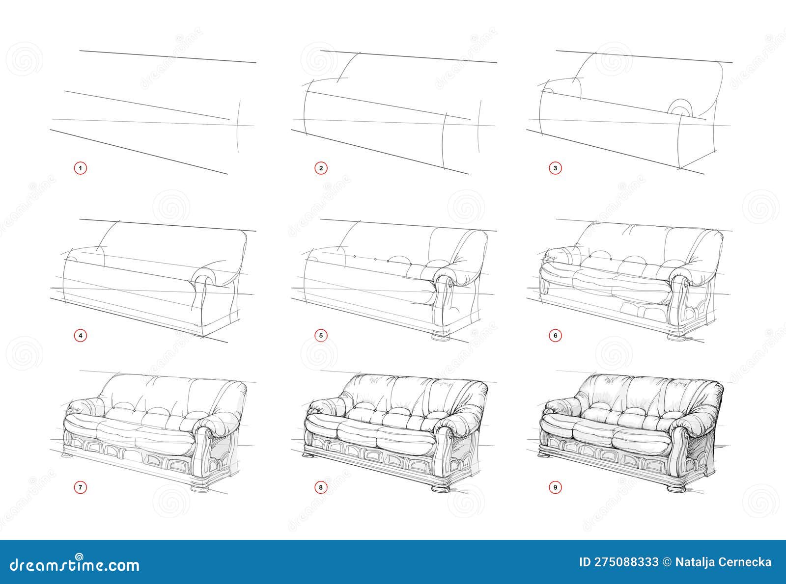 Page Shows How To Learn To Draw Sketch the Comfortable Sofa. Pencil