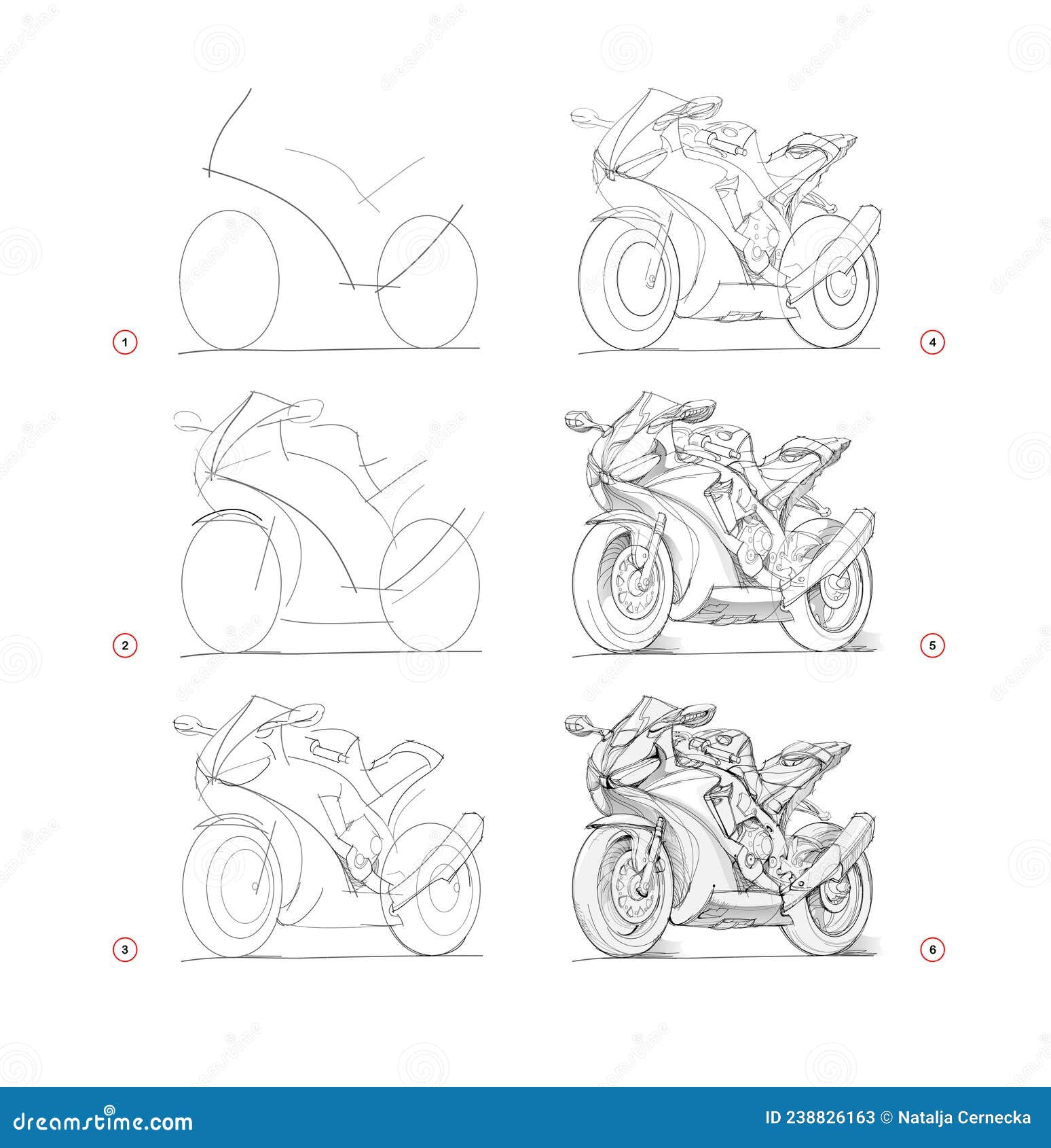 Page Shows How To Learn To Draw Sketch of Motorcycle. Creation Step by