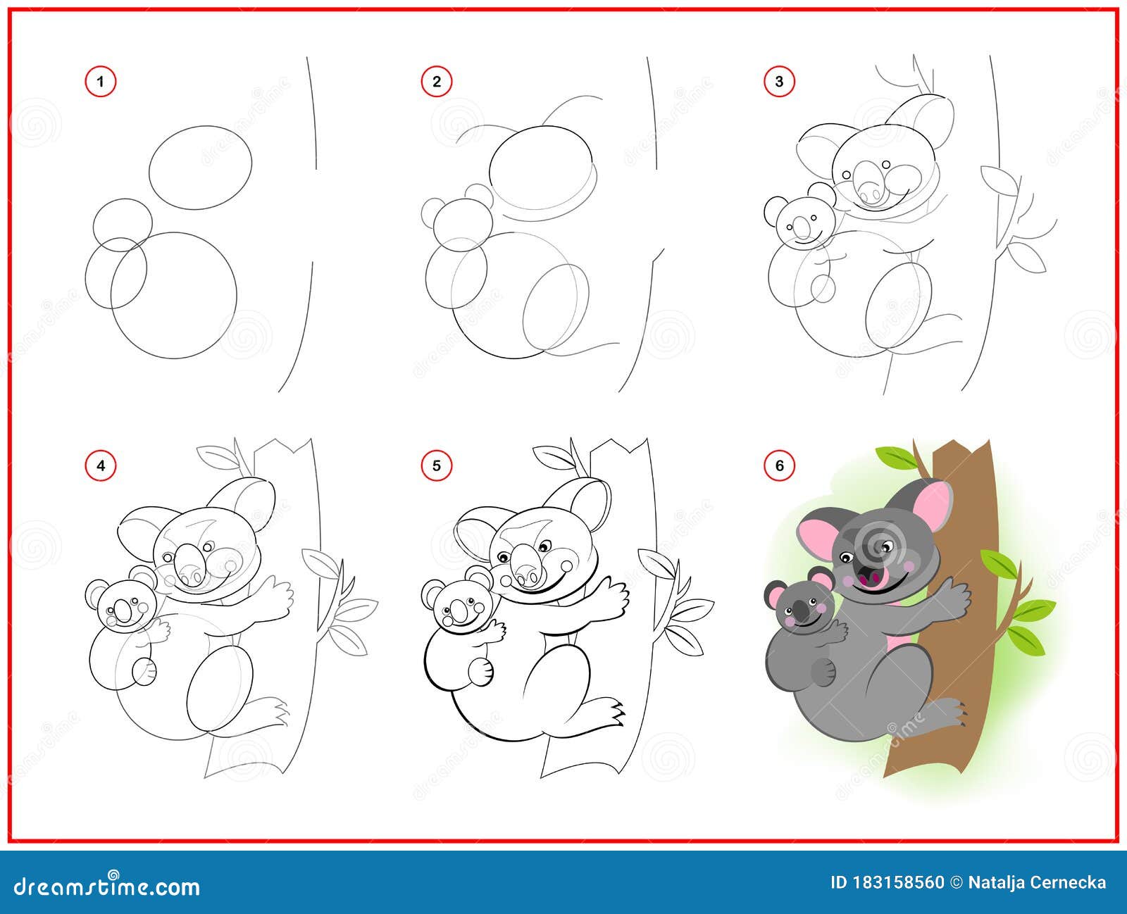 Page Shows How To Learn To Draw Step By Step Cute Toy Koala With Baby