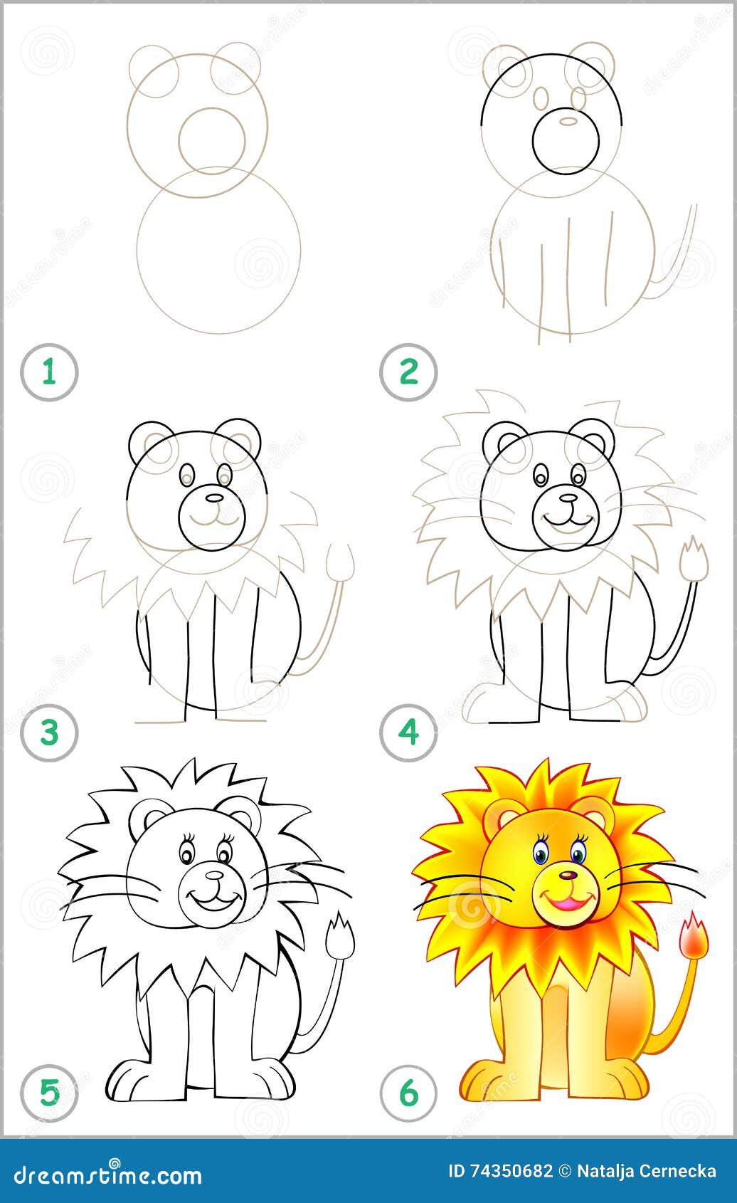 Page Shows How To Learn Step by Step To Draw a Lion. Stock Vector ...