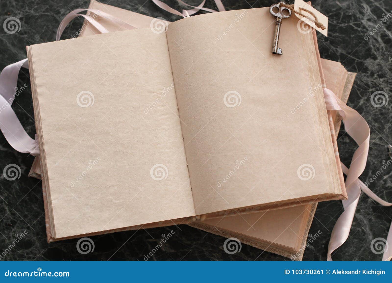 Pages Opened Vintage Book On Green Marble Countertop Stock Image