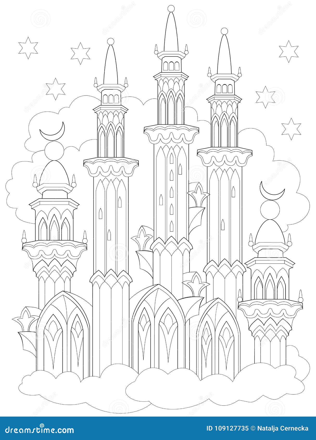Pagina in bianco e nero per colorare Disegno di fantasia del castello arabo da una fiaba Foglio di lavoro per i bambini e gli adu