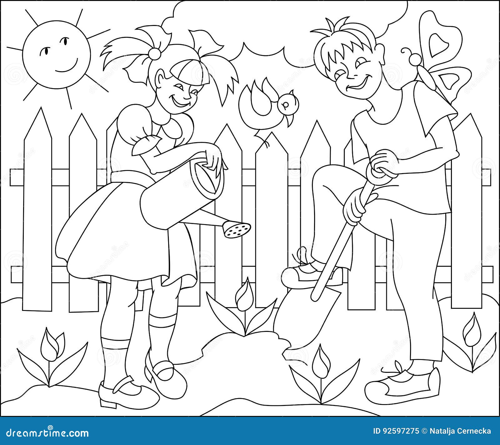 Pagina Con Il Disegno In Bianco E Nero Per Colorare Illustrazione Dei Bambini Che Lavorano In Primavera Giardino Illustrazione Vettoriale Illustrazione Di Fantasia Profilo
