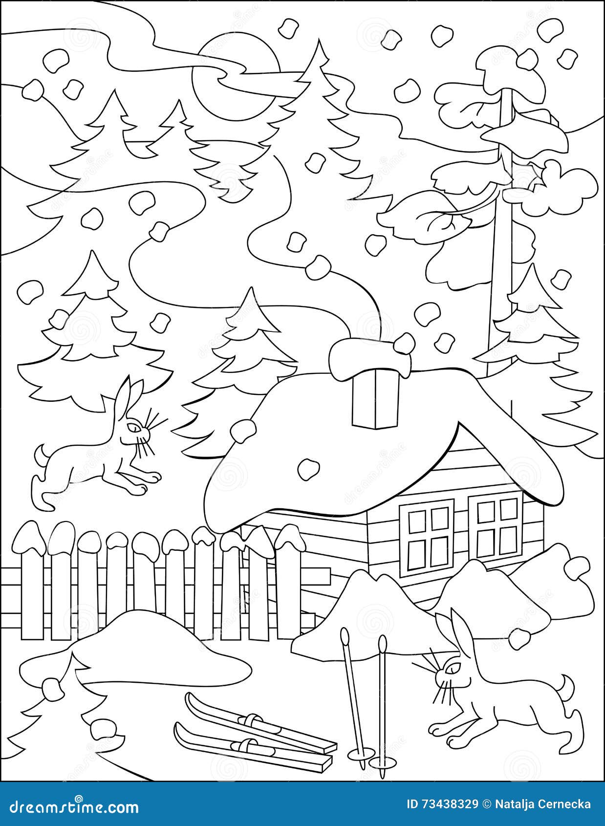 pagina met zwartwitte tekening van de winter voor het