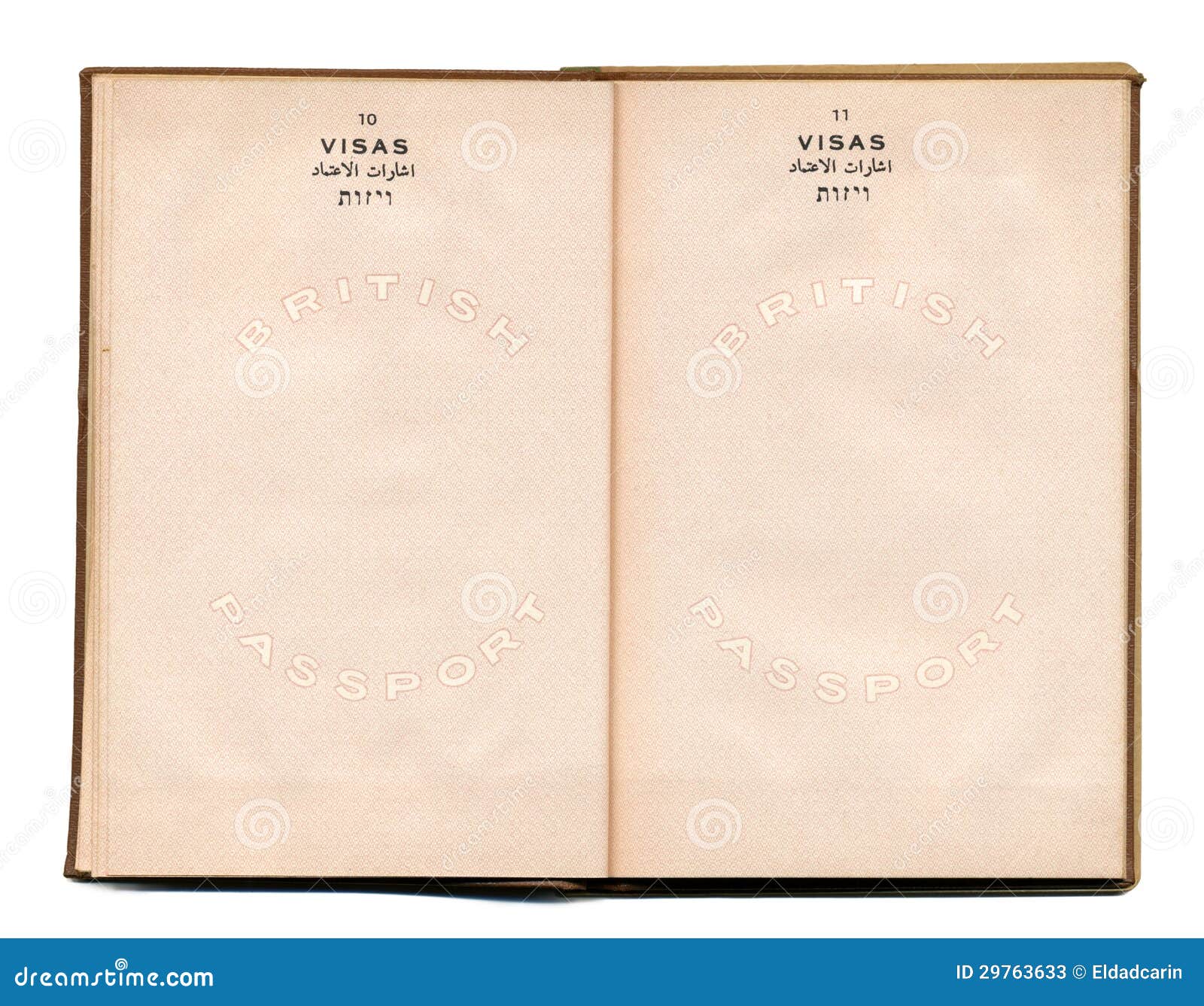 Uitstekend Paspoort Brits-Palestina. Pagina's 10-11 van een uitstekend die paspoort Brithish in 1946 in pre-Israël Palestina wordt uitgegeven; toen Brith dit land regeerde. Geïsoleerdd op witte achtergrond.