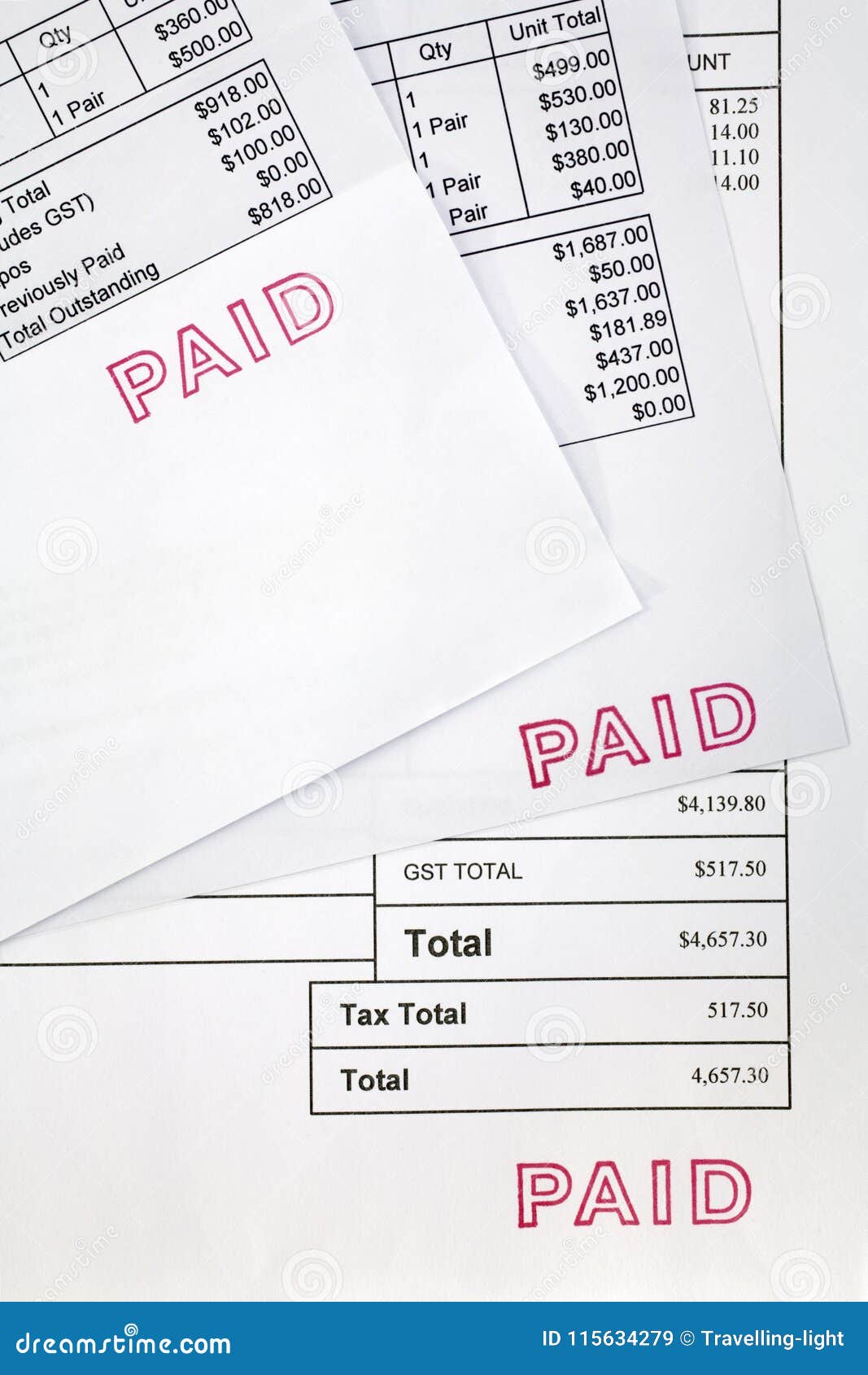 Paid Invoices Three Invoices with Paid Stamp Stock Image - Image of