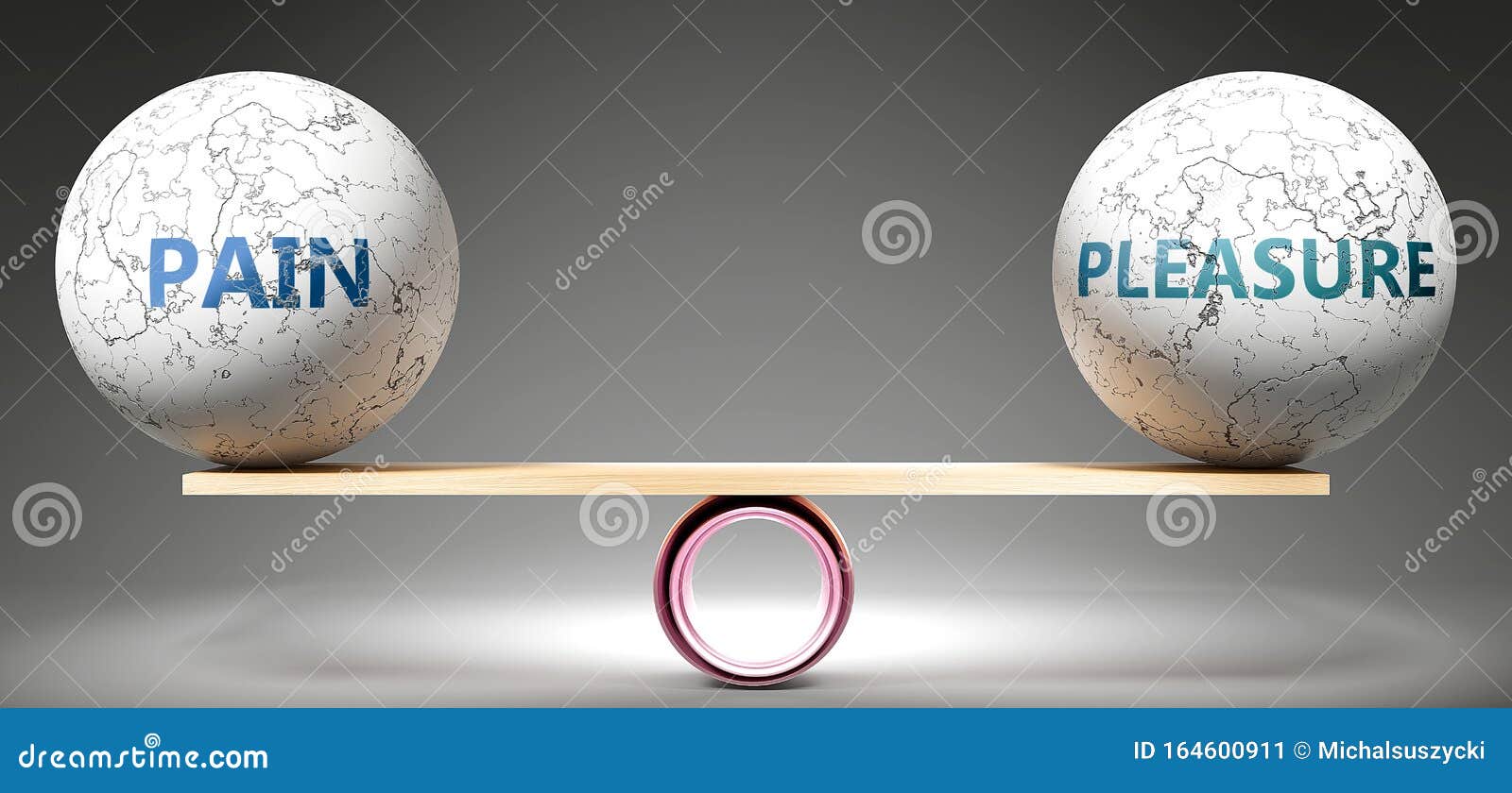 pain and pleasure in balance - pictured as balanced balls on scale that ize harmony and equity between pain and pleasure