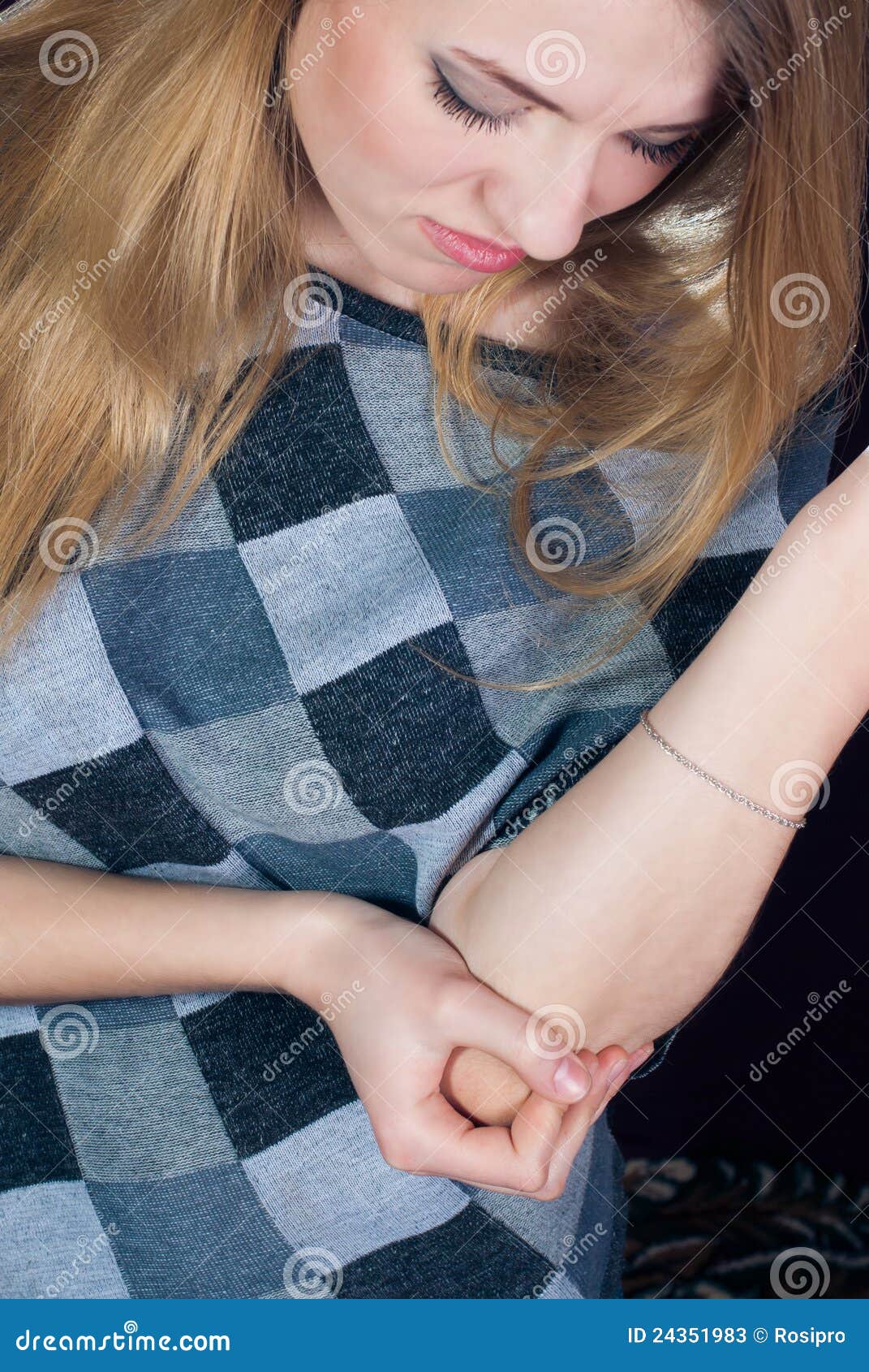 In Pain, Young Woman Holding Her Elbow Stock Image Image of blond