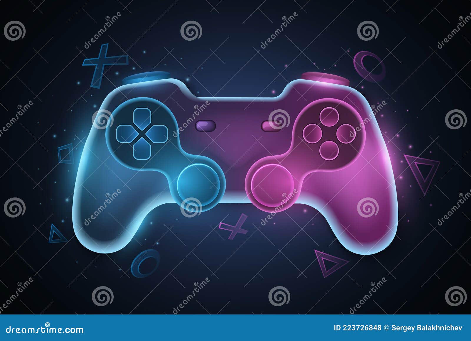 Controle de jogo moderno com fio para videogames. joystick de vetor com  brilho de néon para console de jogos. símbolos geométricos abstratos.  conceito de jogos de computador para seu projeto. eps 10