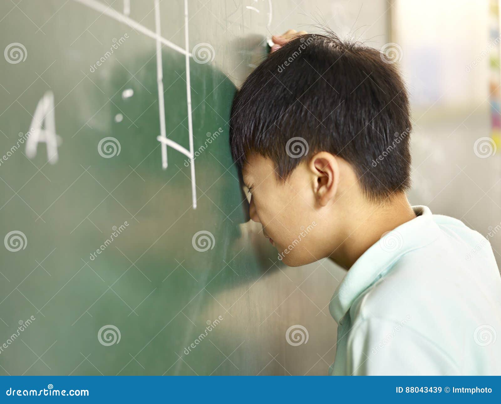 Painful Asian Pupil Banging His Head on the Blackboard Stock Image