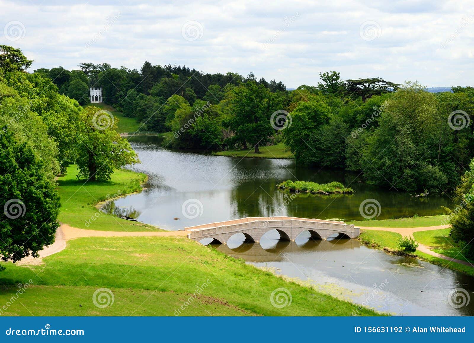 painshill park`s 5 arch bridge and gothic temple