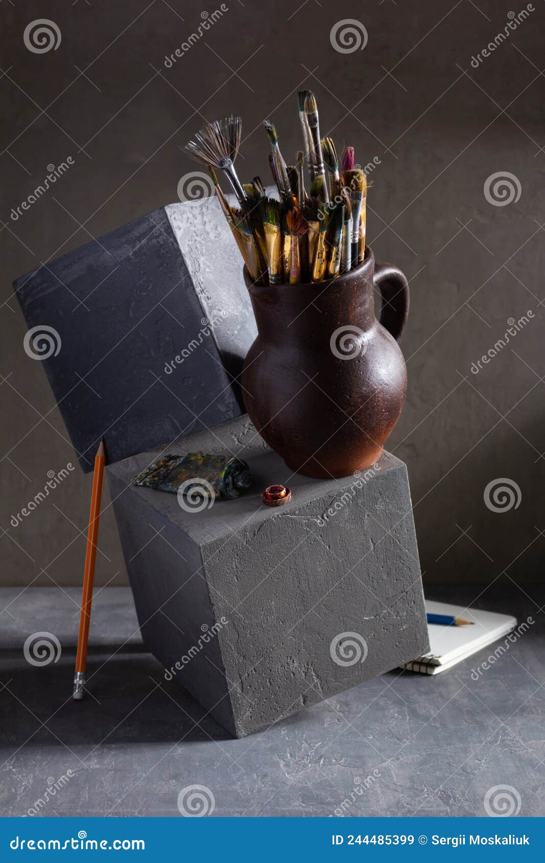 Paint Brush and Artist Tools on Table Background . Painter Abstract