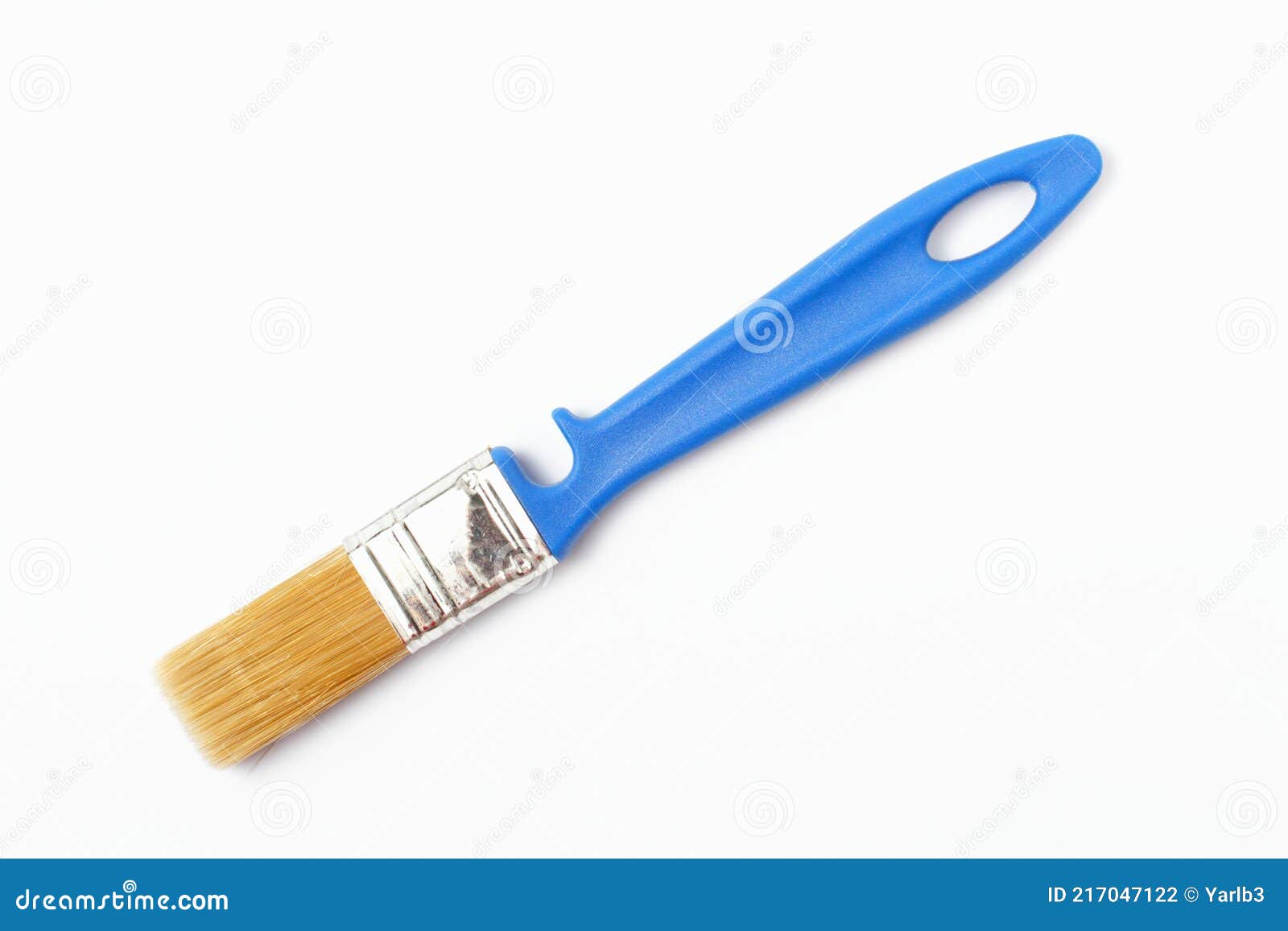 Paint Brush with a Blue Handle Closeup on a White Background Stock