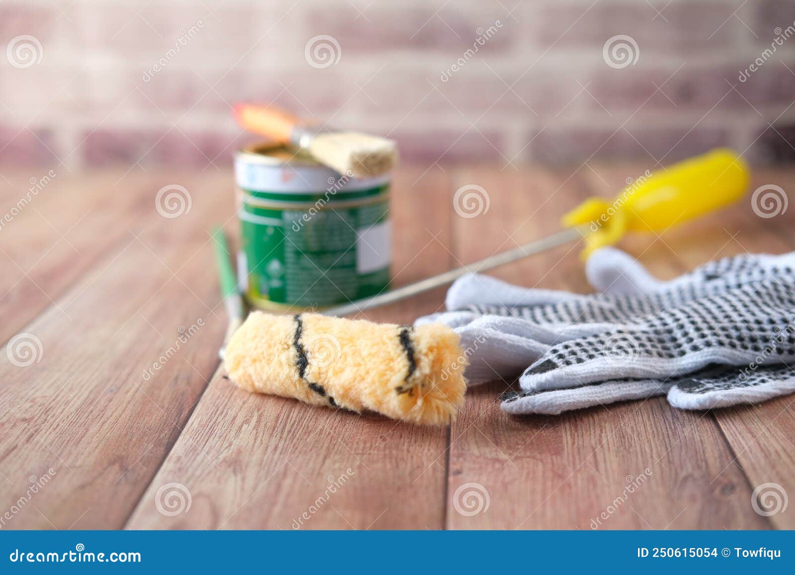 A Paint Brush , Gloves and Paint on Table Stock Photo Image of color
