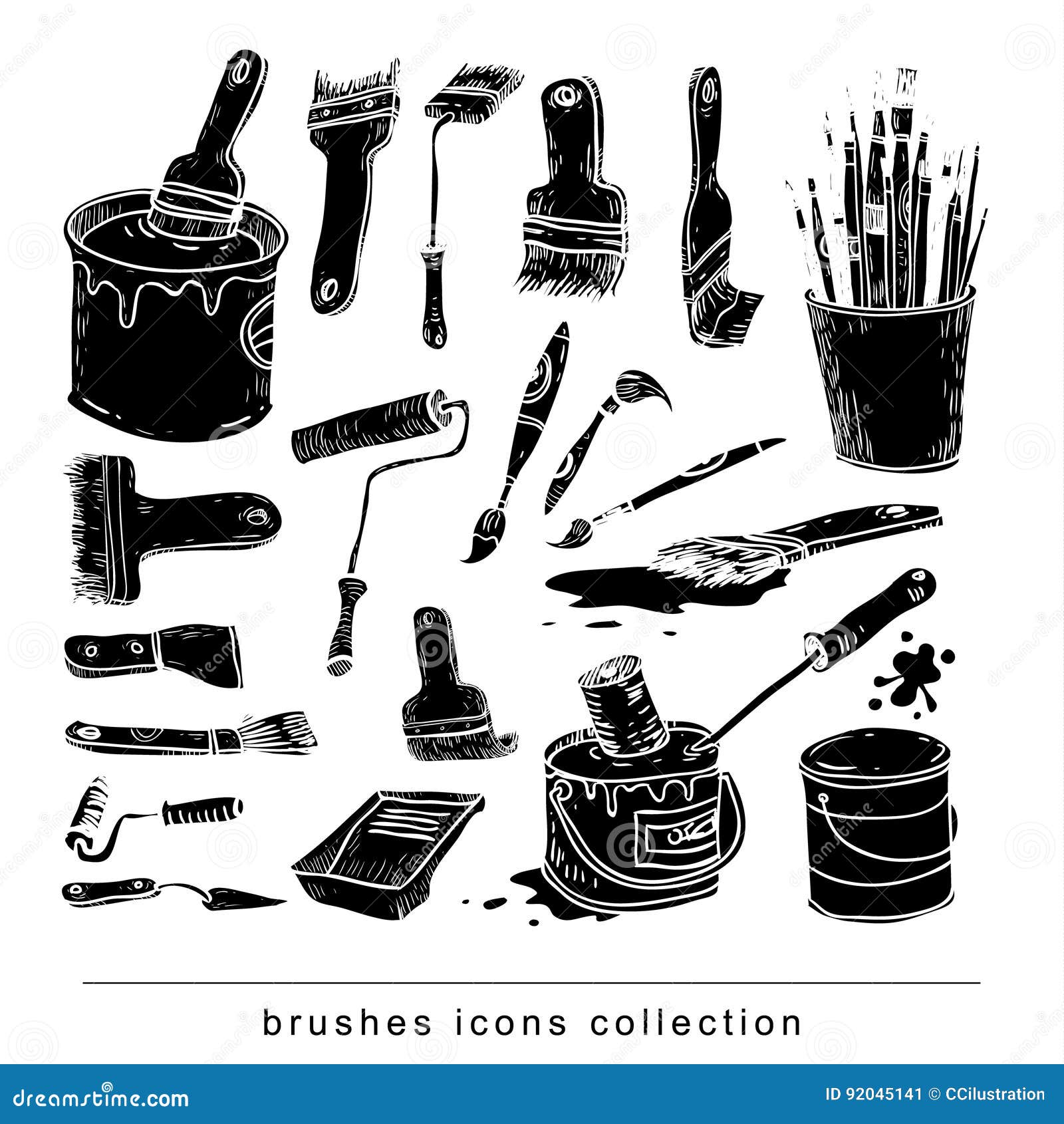 Paint Brush Set, Vector Illustration Silhouette Black. Stock Vector