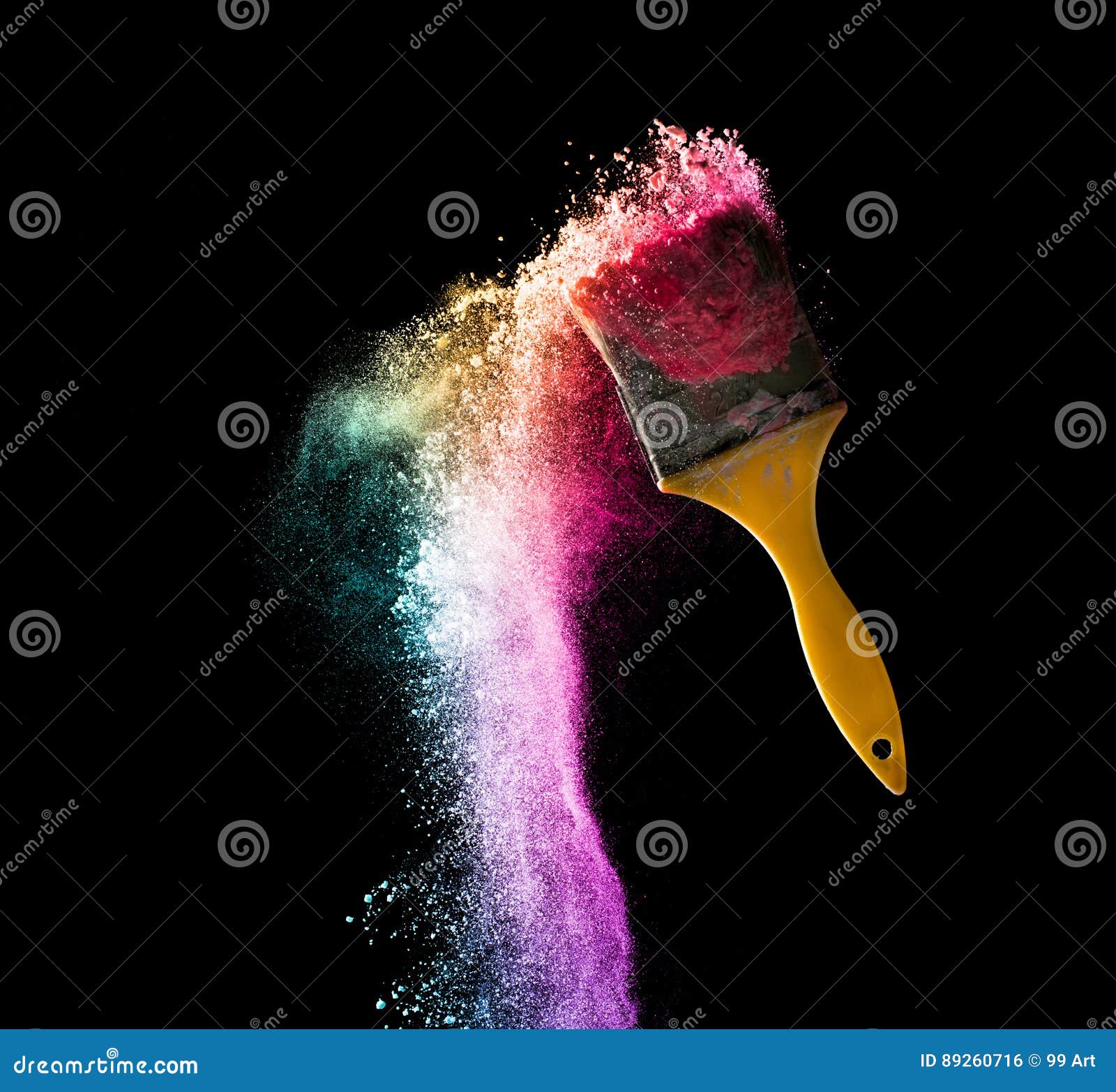 paint brushes with abstract powder color explosion  on b